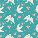 A seamless pattern featuring white doves in various stages of flight, interspersed with delicate pink flowers and soft green foliage on a soothing teal background.