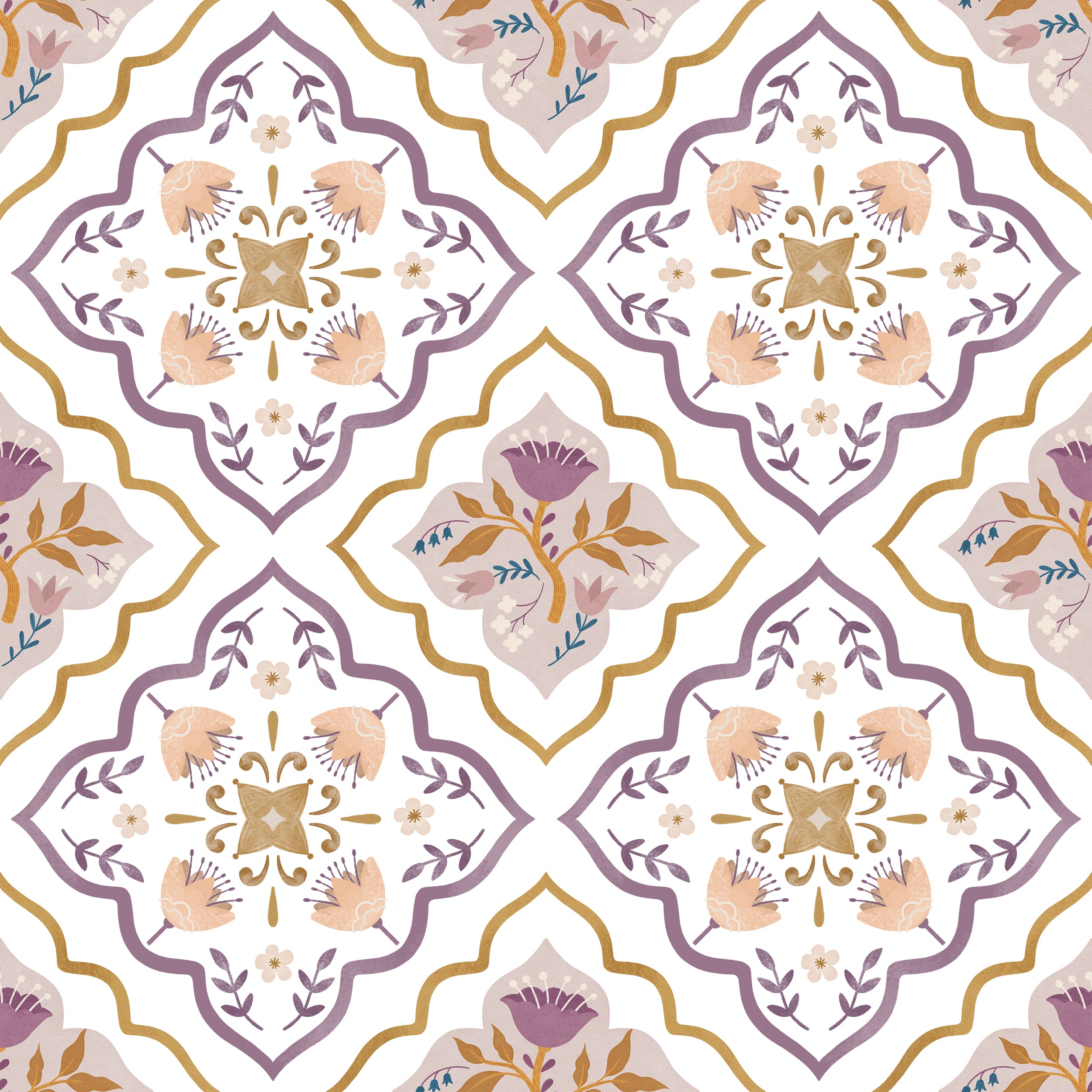 Close-up of Moroccan Floral Tile Wallpaper displaying an intricate design of floral and geometric elements in purple, gold, and beige