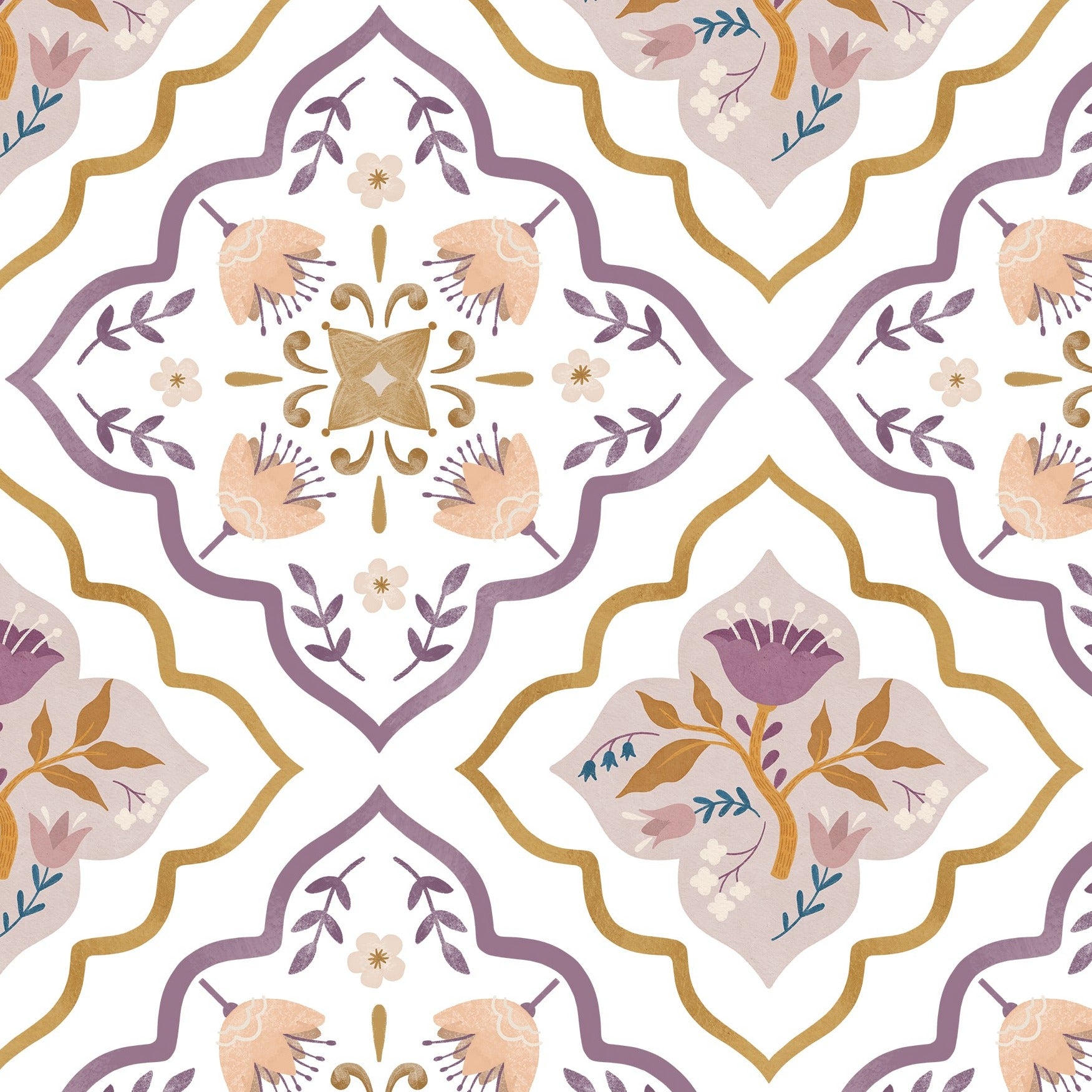 Close-up of Moroccan Floral Tile Wallpaper displaying an intricate design of floral and geometric elements in purple, gold, and beige