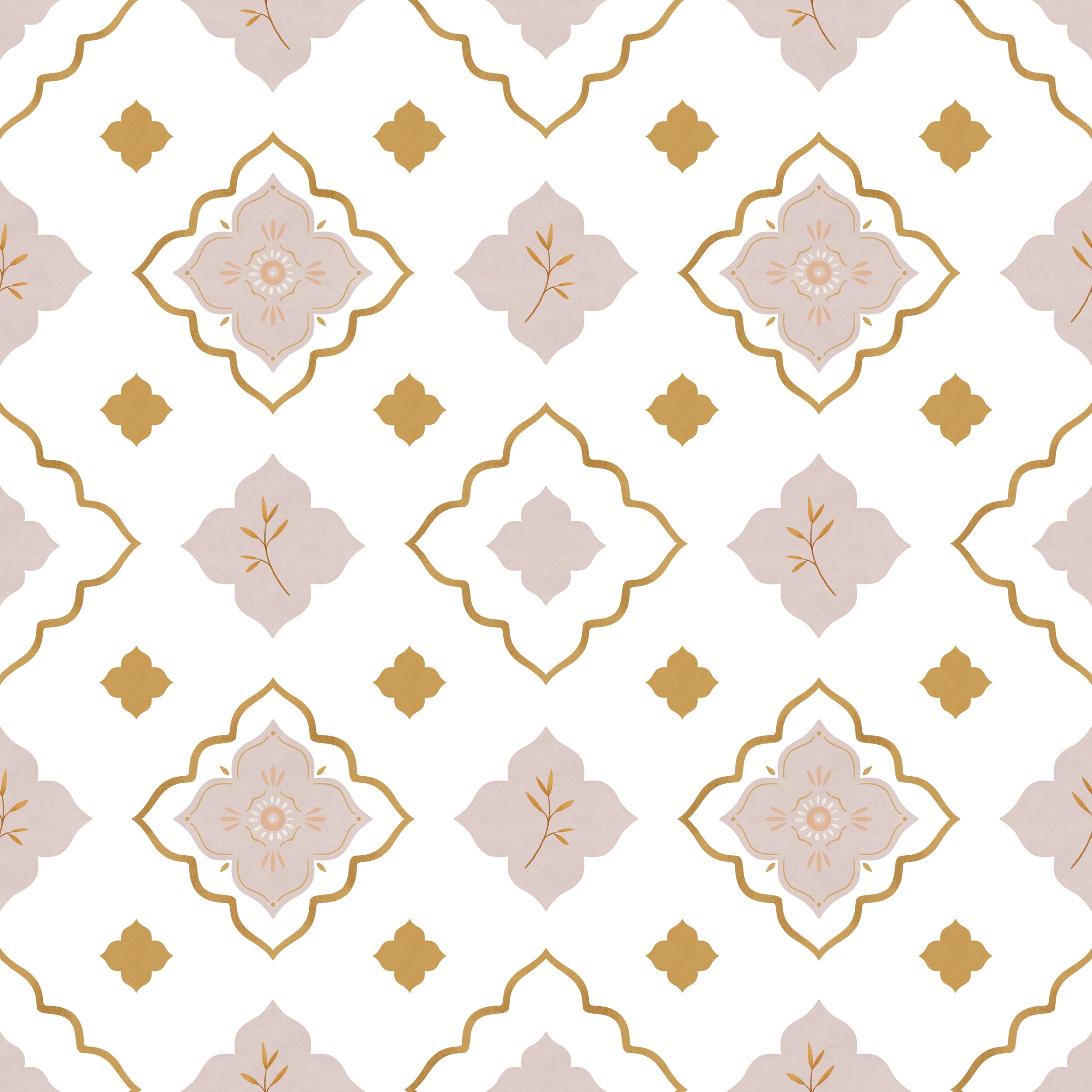 Close-up view of Moroccan Mosaic Wallpaper with an elegant design of beige, blush, and gold geometric shapes and floral motifs.