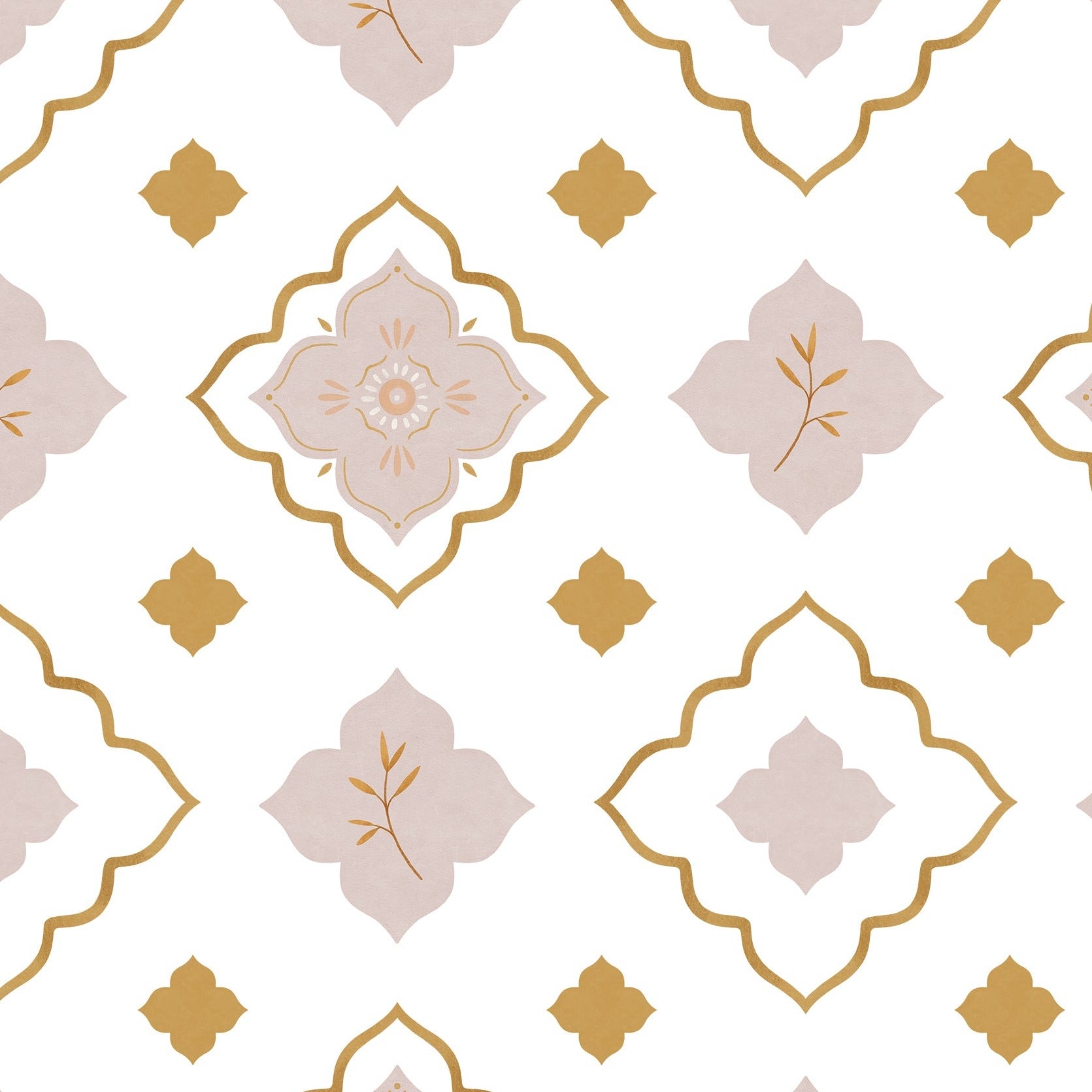 Close-up view of Moroccan Mosaic Wallpaper with an elegant design of beige, blush, and gold geometric shapes and floral motifs.