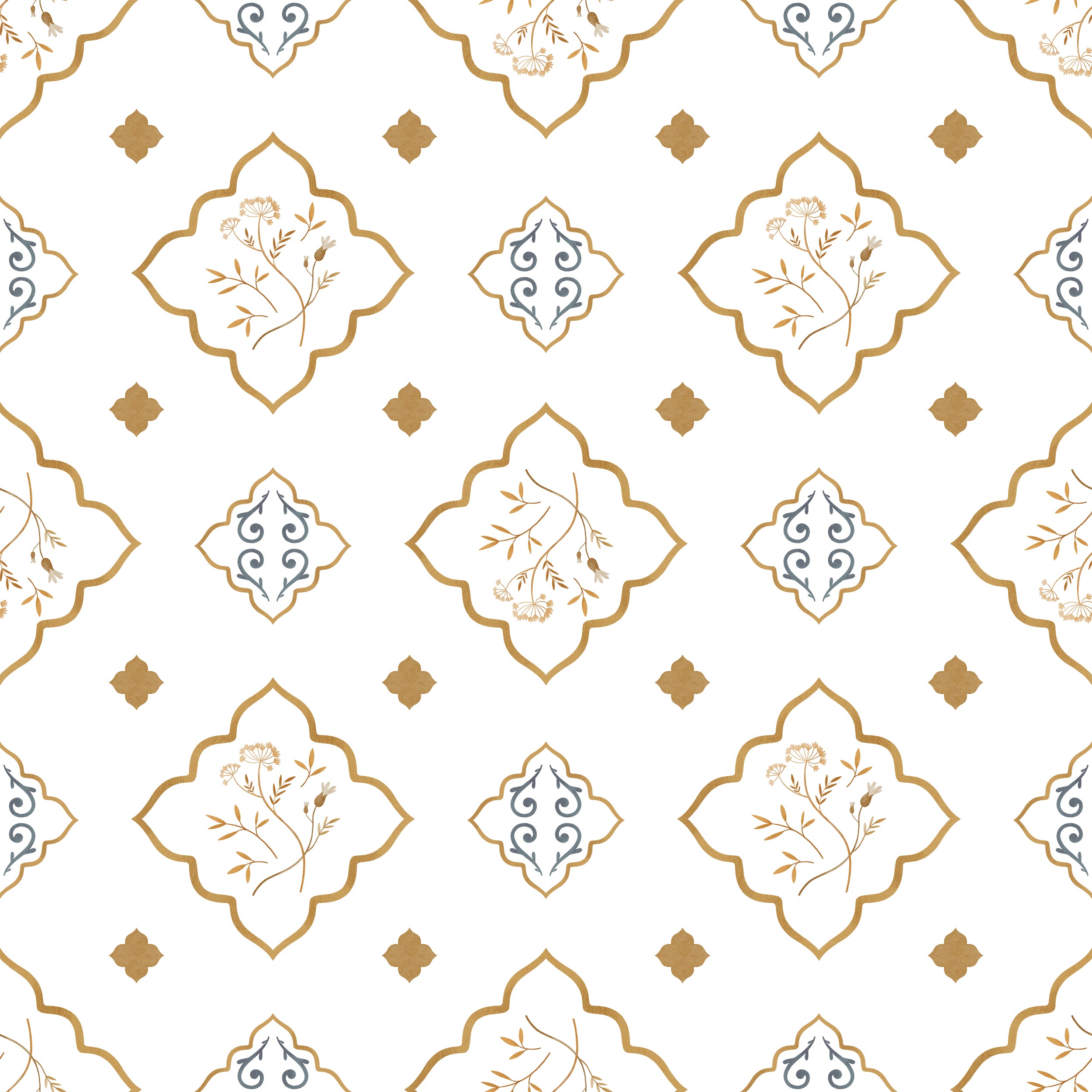 Detailed pattern of the Moroccan Dream Wallpaper, showcasing a sophisticated array of geometric shapes and floral embellishments in gold, beige, and subtle blue tones