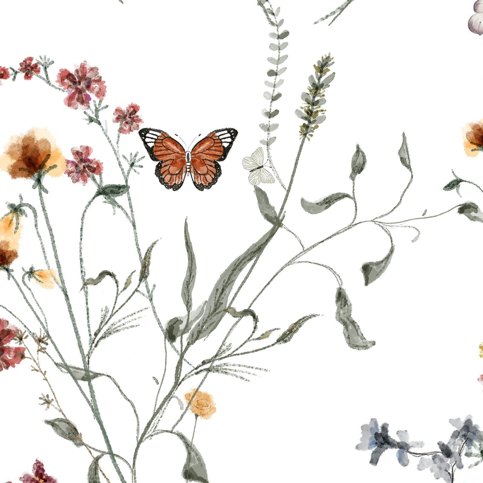 Close-up of Butterfly Botanicals wallpaper showing detailed botanical illustrations with butterflies and flowers in watercolor style on a light background.