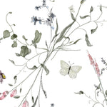 A close-up view of the Lovely Botanicals Wallpaper showing its intricate pattern of light floral branches, tiny leaves, and fluttering butterflies, rendered in watercolor for a delicate and airy feel.