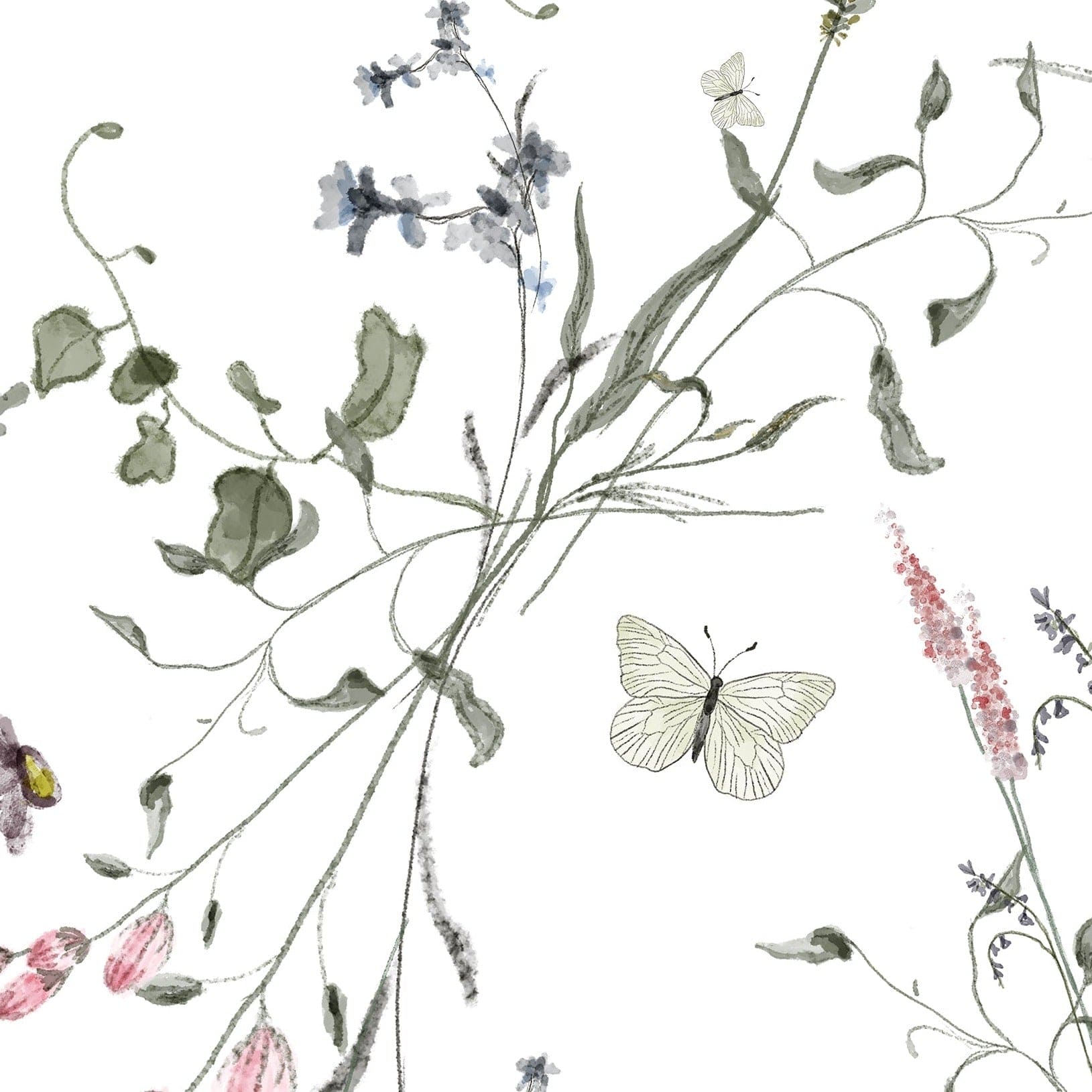 A close-up view of the Lovely Botanicals Wallpaper showing its intricate pattern of light floral branches, tiny leaves, and fluttering butterflies, rendered in watercolor for a delicate and airy feel.
