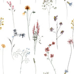 Detailed view of Dainty Botanicals wallpaper showcasing a variety of small wildflowers and plants in a soft watercolor style on a light background