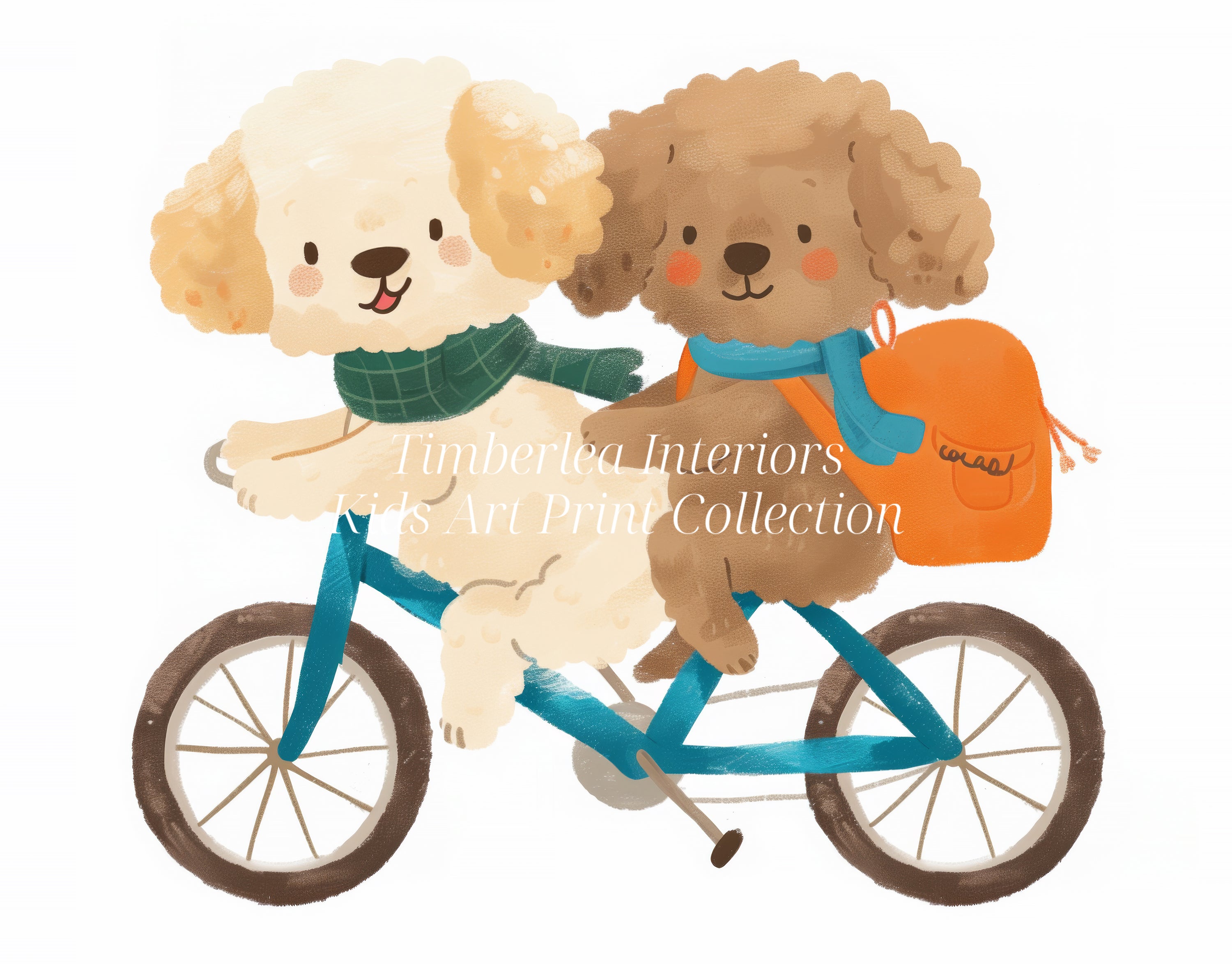 Close-up of Puppy Pals Bicycle Ride Art Print from Timberlea Interiors Kids Art Print Collection, featuring two adorable puppies riding a tandem bicycle.