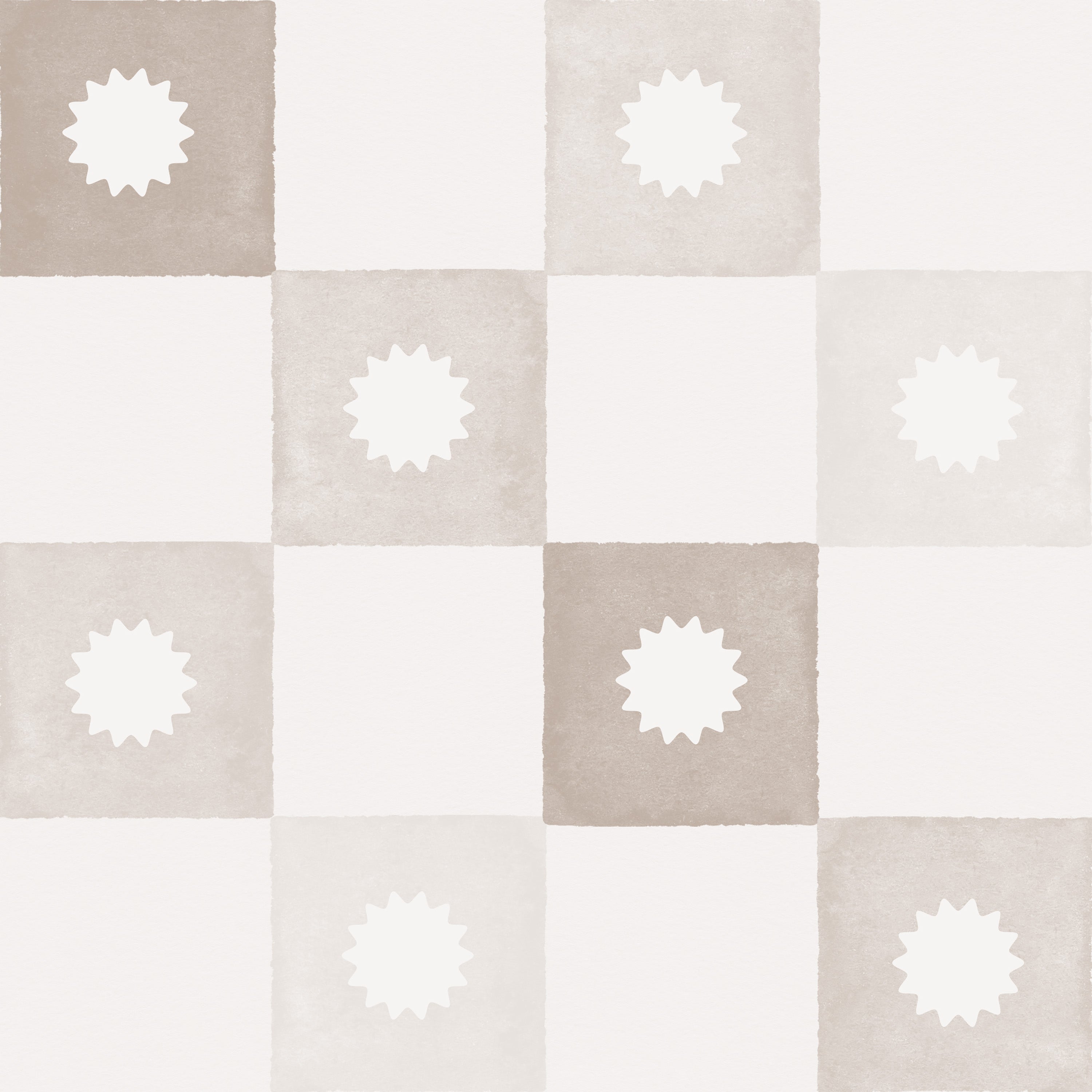 A close up of beige and white checkered wallpaper showcasing a regular pattern of white floral emblems set against beige squares. This wallpaper offers a neutral palette that adds warmth and elegance to any room, suitable for versatile interior styles.