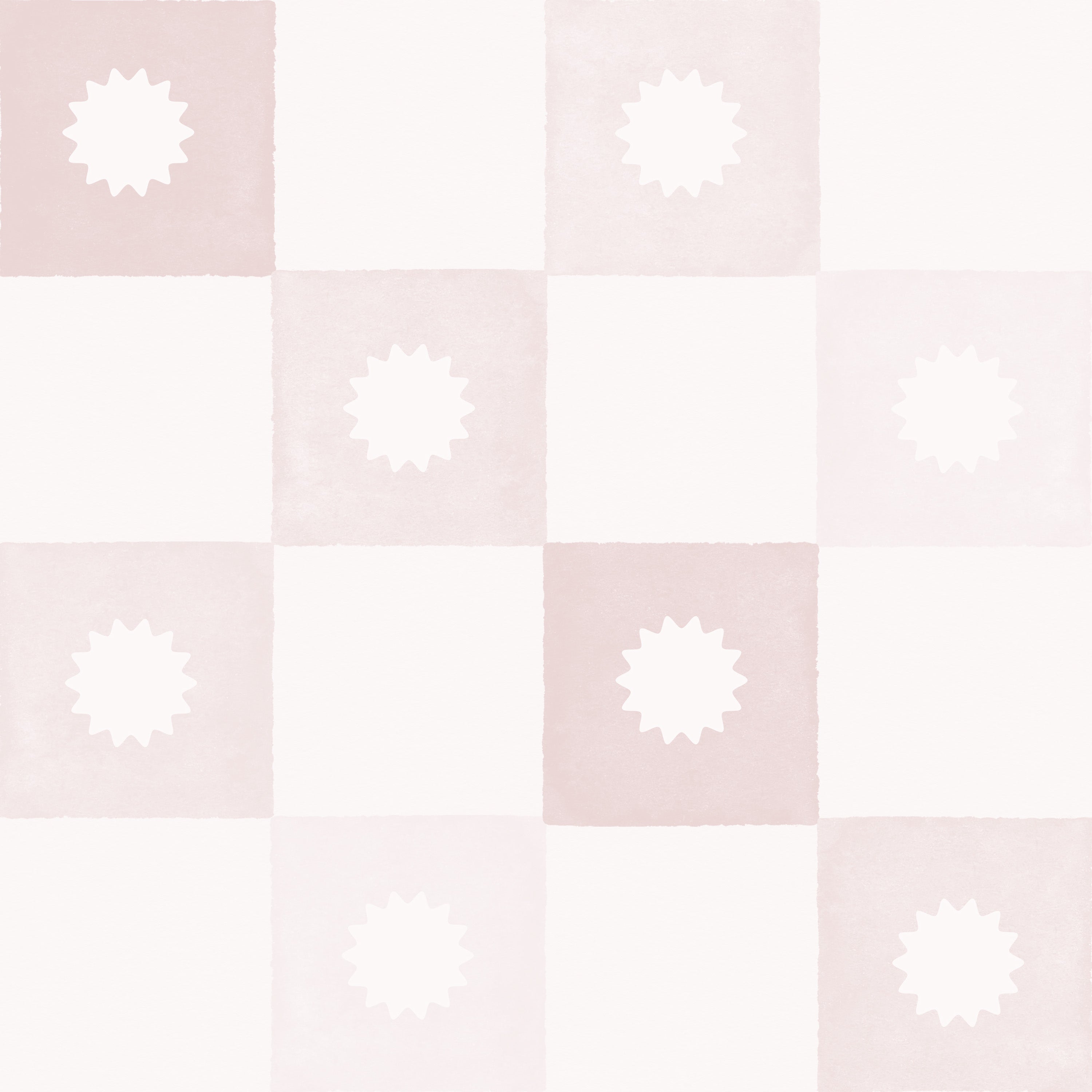 Close-up of a pink and white checkered wallpaper with a subtle white floral emblem set in each pink square, giving a gentle and soft appearance to the design.
