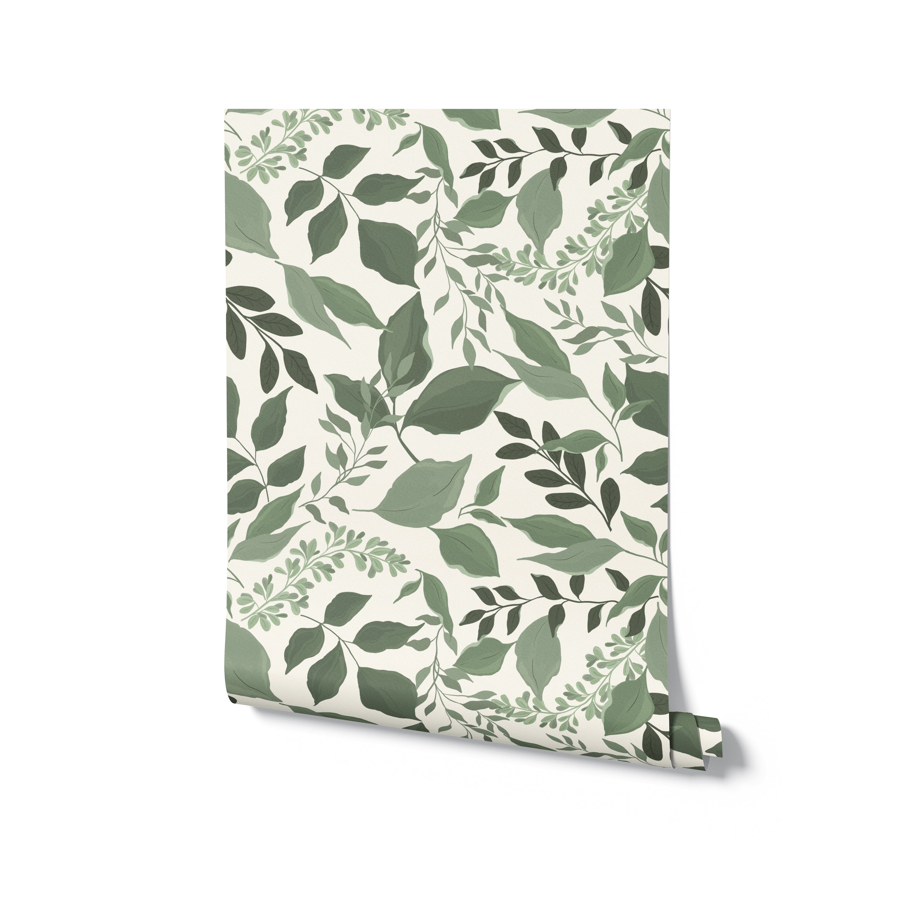  an image of the "Green Goddess Wallpaper" roll. The roll is partially unrolled against a white background to display the continuous leaf pattern. The wallpaper exhibits an array of green foliage designs, suggesting an organic and refreshing ambiance for any room.