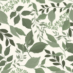 a wallpaper image showcasing the "Green Goddess Wallpaper." The wallpaper features an all-over print of leafy branches in various shades of green. The design includes a variety of leaf shapes and sizes on a neutral, creamy background, giving the impression of a lush and tranquil garden.