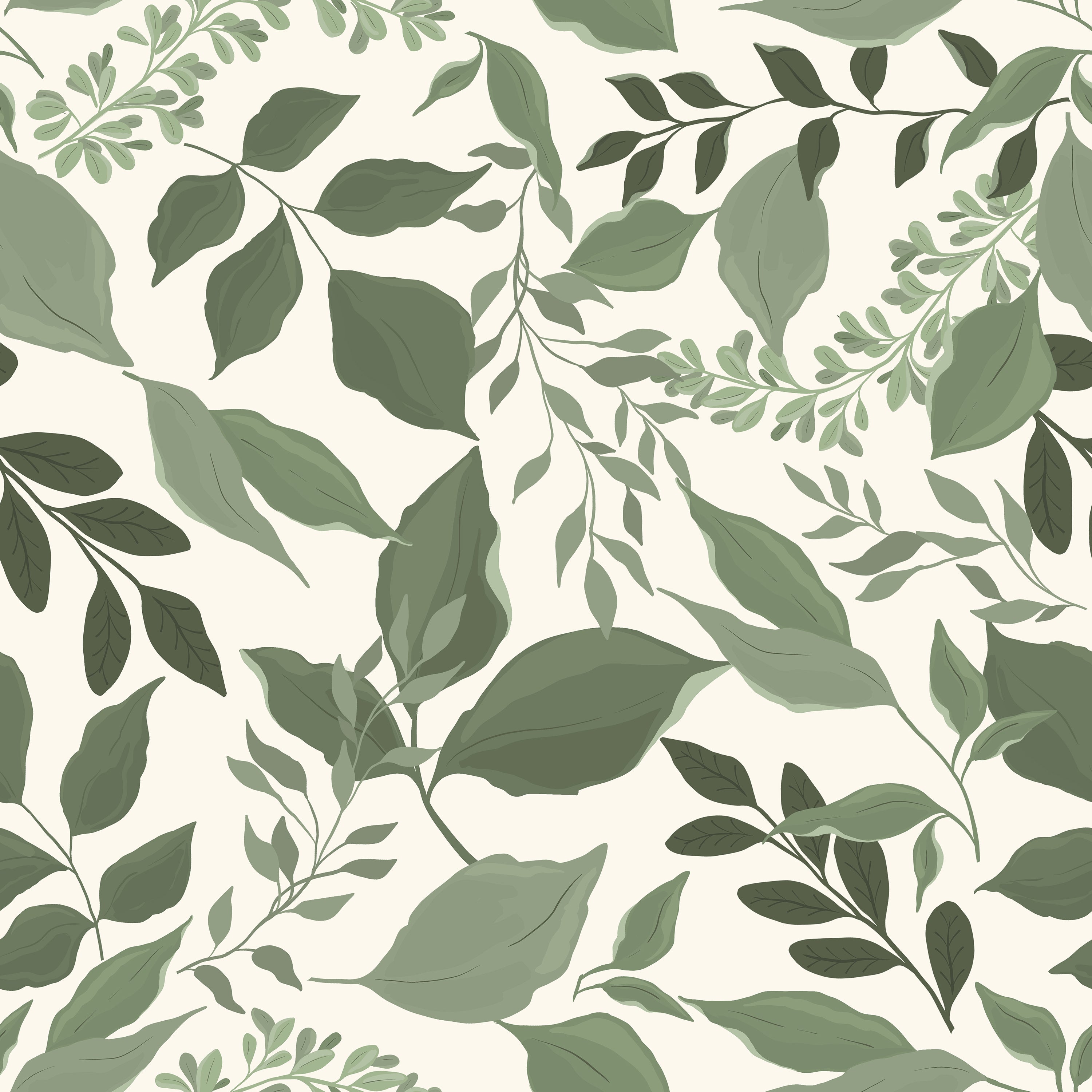 a wallpaper image showcasing the "Green Goddess Wallpaper." The wallpaper features an all-over print of leafy branches in various shades of green. The design includes a variety of leaf shapes and sizes on a neutral, creamy background, giving the impression of a lush and tranquil garden.