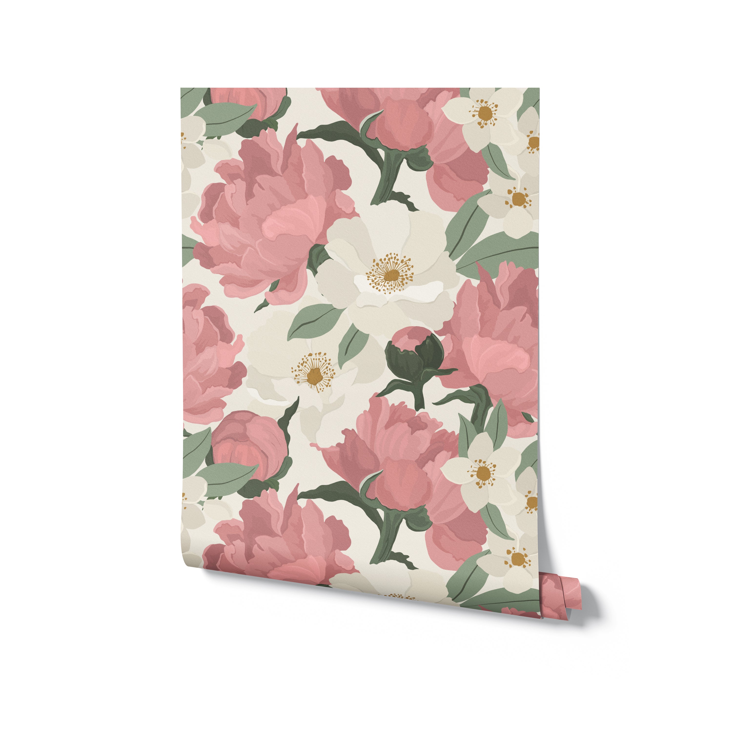 A roll of Maggie Floral Wallpaper, showcasing its continuous pattern of large pink peonies and smaller white flowers. The wallpaper features a soft color palette, blending seamlessly into any decor while adding a touch of nature's beauty.