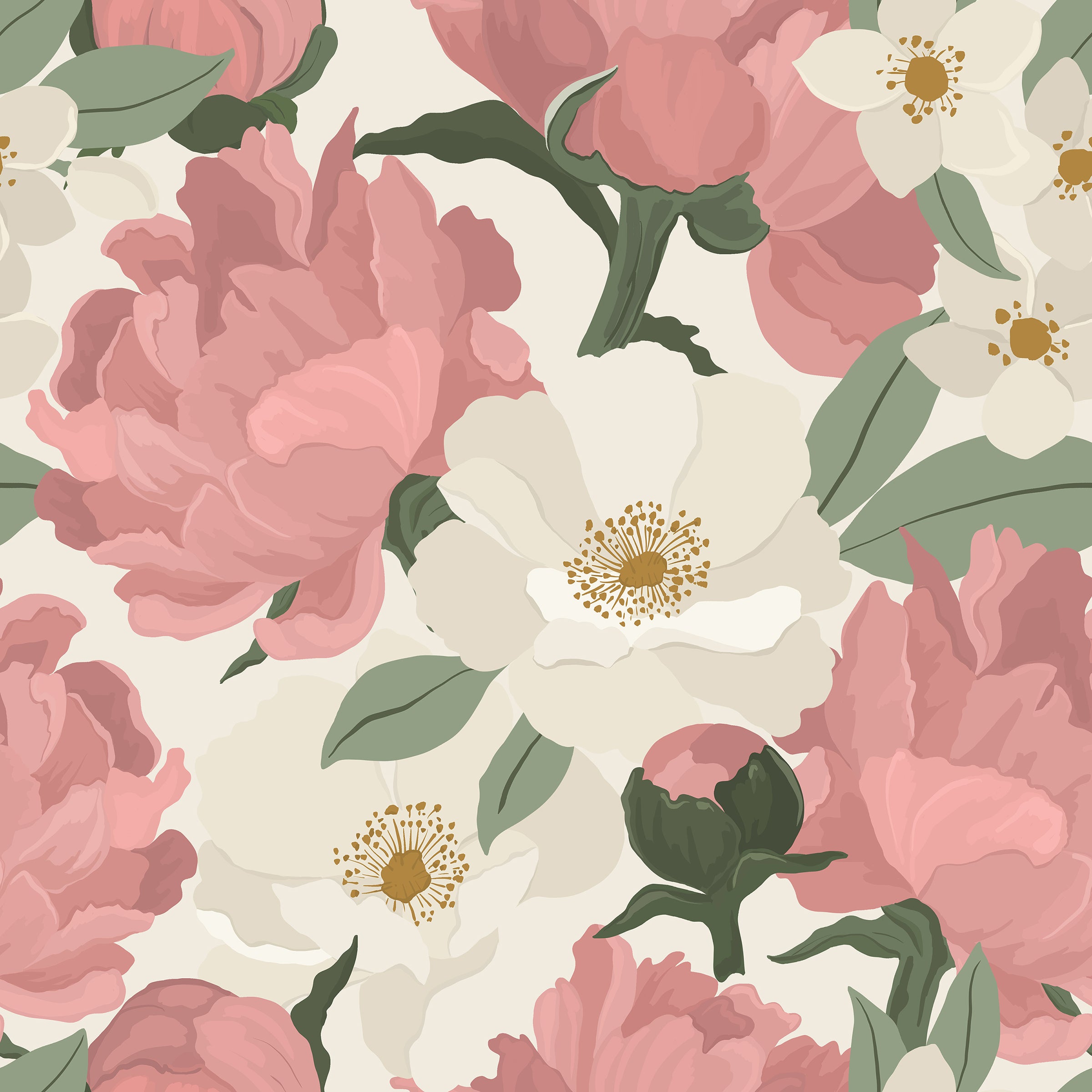 A detailed view of the Maggie Floral Wallpaper, featuring large, lush pink peonies and delicate white flowers set against a light beige background. The botanical design offers a soft, romantic aesthetic, with each bloom illustrated in vibrant colors and intricate details