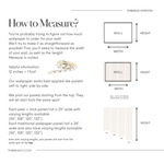 An informative graphic from Timberlea Interiors titled 'Size Customization' with text explaining when to contact for a custom wallpaper order, diagrams showing how to measure wall height and width, and an image of a neat workspace with the described wallpaper, a wooden desk, vase, and picture frame