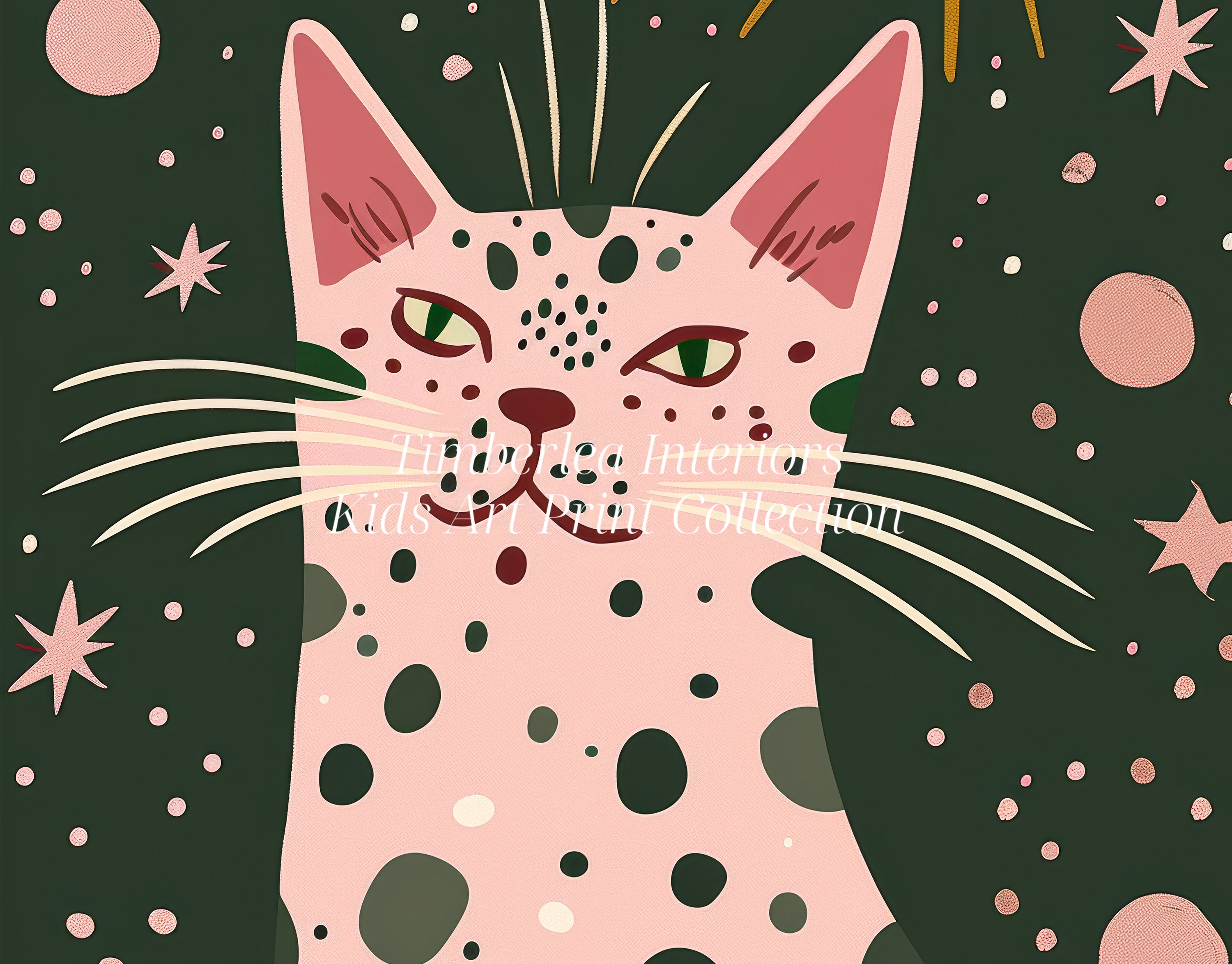 Close-up view of the Galactic Cat Art Print featuring a charming pink cat with green eyes and black spots against a dark green background with stars, planets, and a golden sun