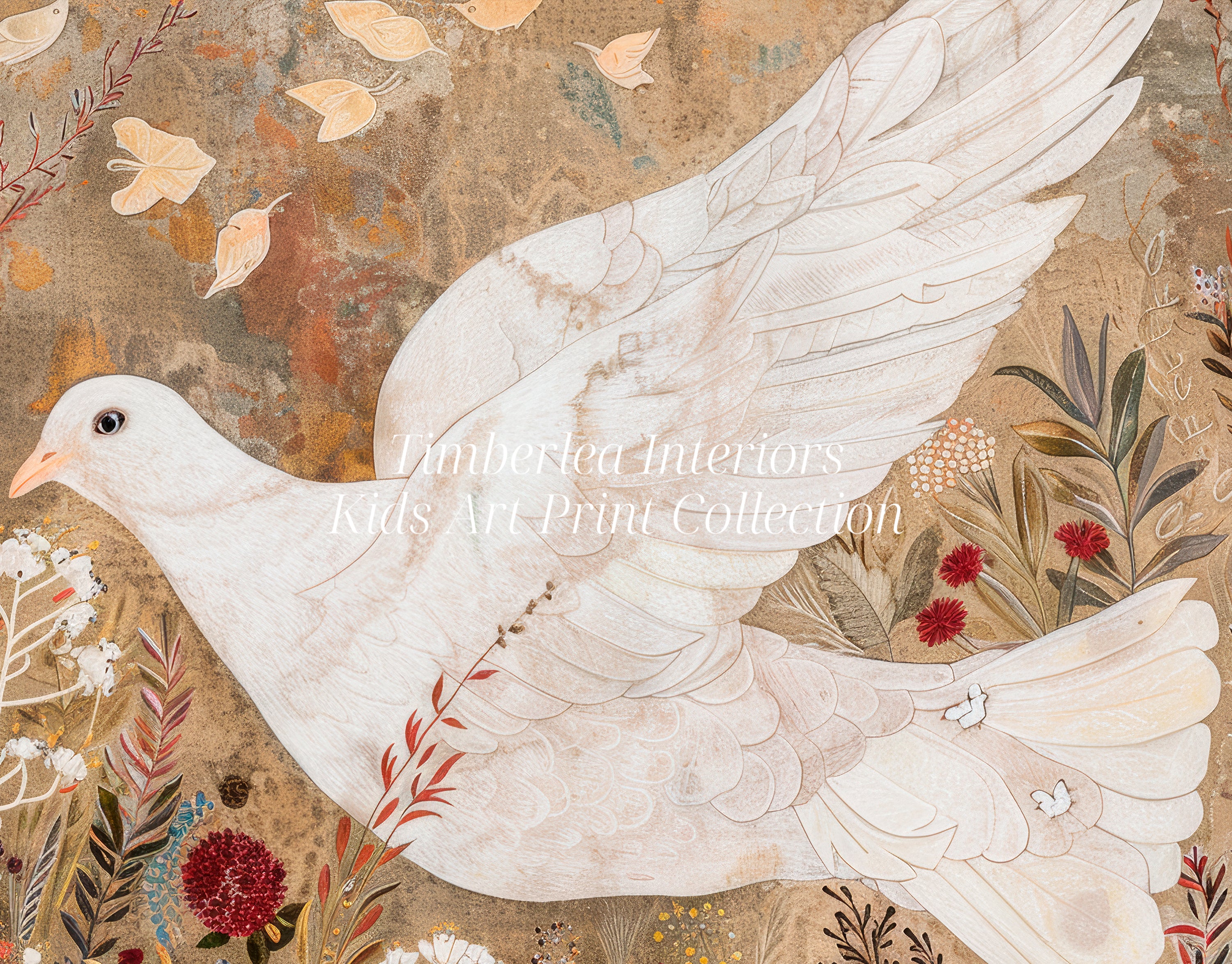 Serene Dove Art Print framed in an elegant gold frame, showcasing a beautifully detailed white dove in mid-flight with botanical elements on an earthy background