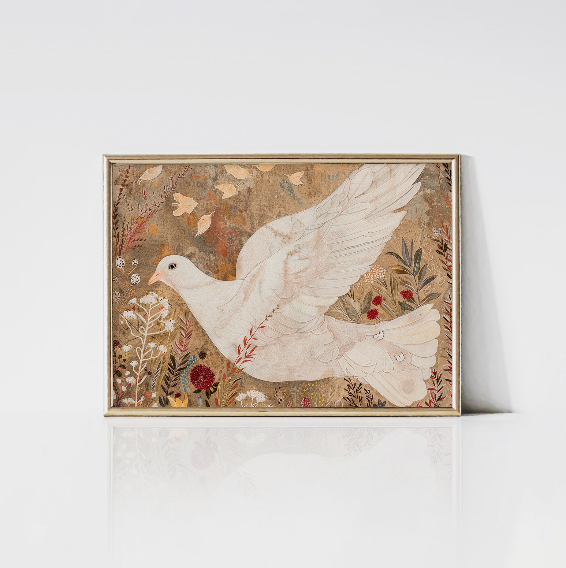 Close-up view of the Serene Dove Art Print featuring a detailed white dove in mid-flight surrounded by delicate botanical elements in shades of red, yellow, and brown
