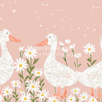 Close-up view of the Daisy Ducks Art Print featuring three adorable white ducks with orange beaks and feet standing amidst cheerful white daisies on a soft pink background.