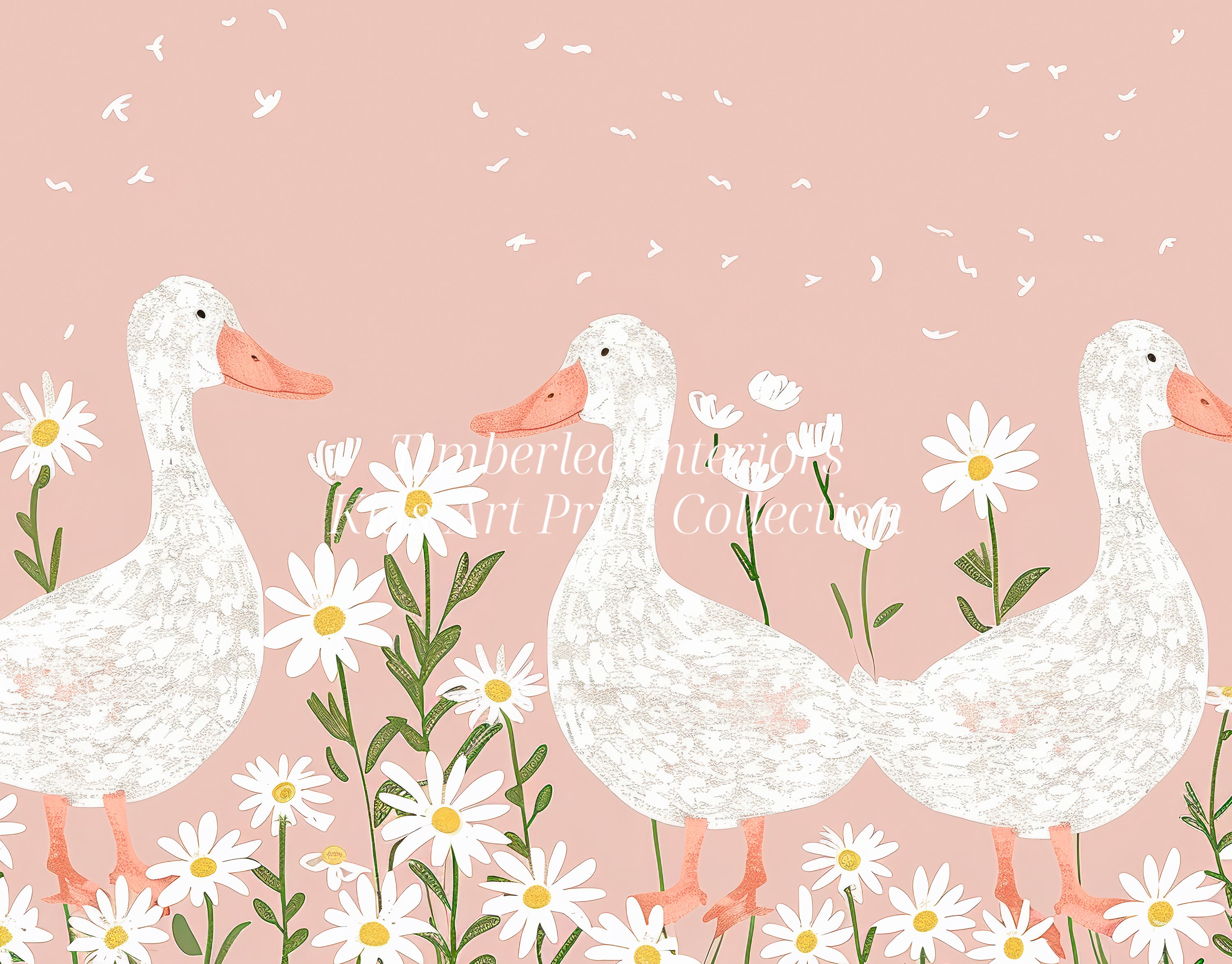 Close-up view of the Daisy Ducks Art Print featuring three adorable white ducks with orange beaks and feet standing amidst cheerful white daisies on a soft pink background.
