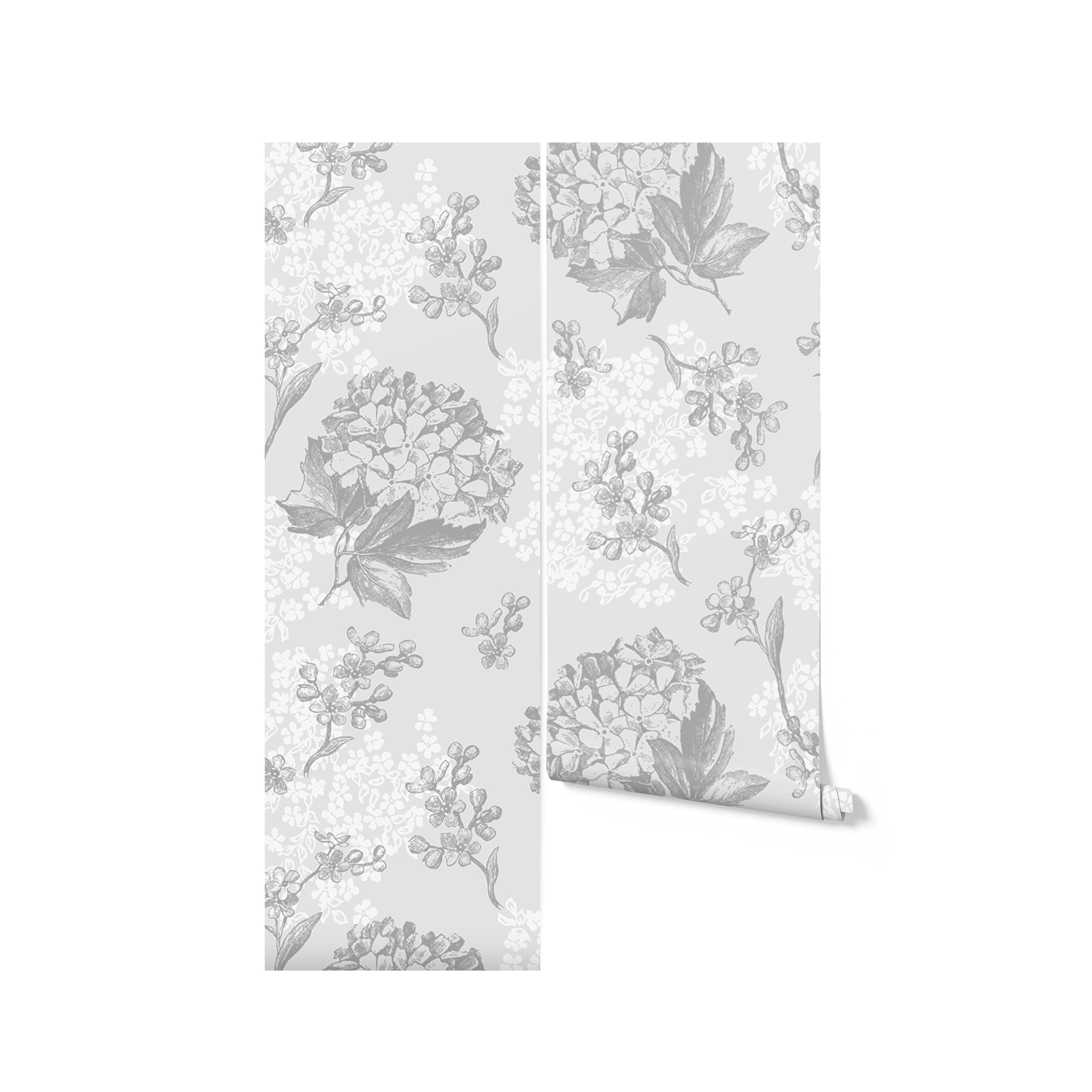 Roll of Modern Hydrangea Wallpaper, displaying detailed grey hydrangea flowers on a soft background. This wallpaper brings a touch of modern elegance and botanical beauty to any room, ideal for creating a statement wall