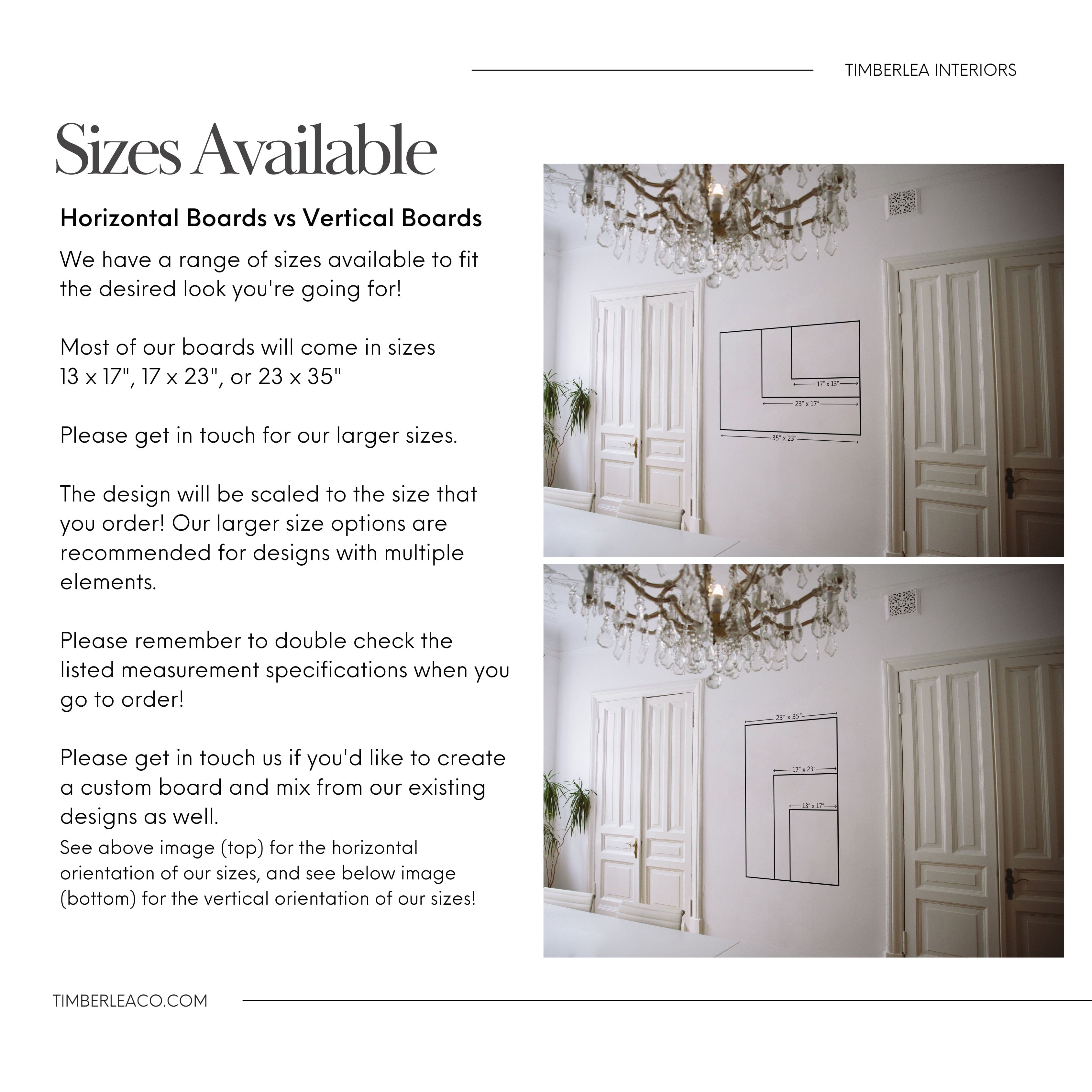 "Sizes Available" information page showing different board sizes in a stylish interior setting, with diagrams of horizontal and vertical board orientations.