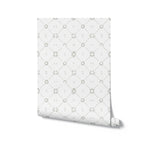 A flat lay view of a single roll of Floral Lattice Wallpaper. The roll showcases the detailed green floral pattern and lattice design on a white background, emphasizing the elegant and classic style of the wallpaper.