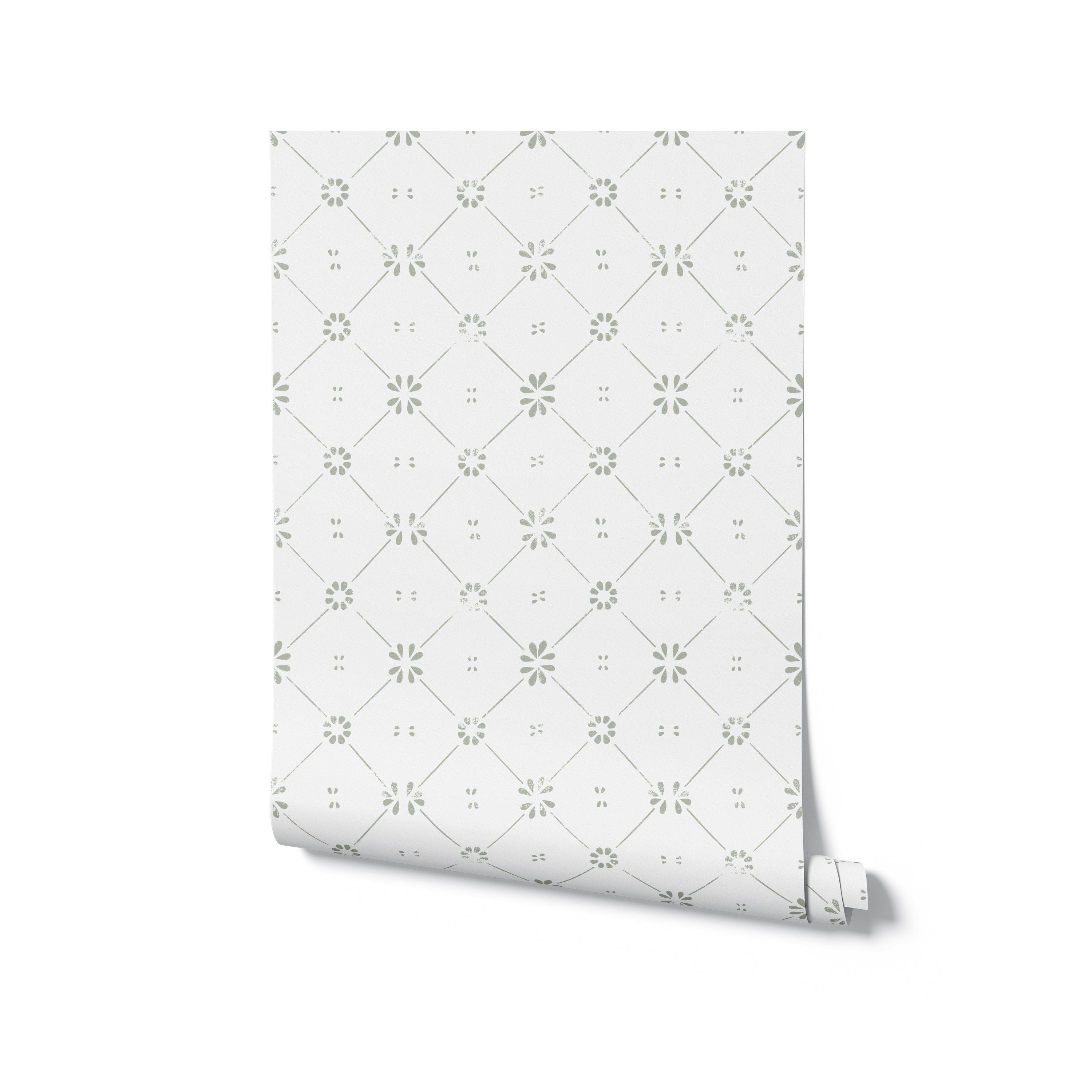 A flat lay view of a single roll of Floral Lattice Wallpaper. The roll showcases the detailed green floral pattern and lattice design on a white background, emphasizing the elegant and classic style of the wallpaper.