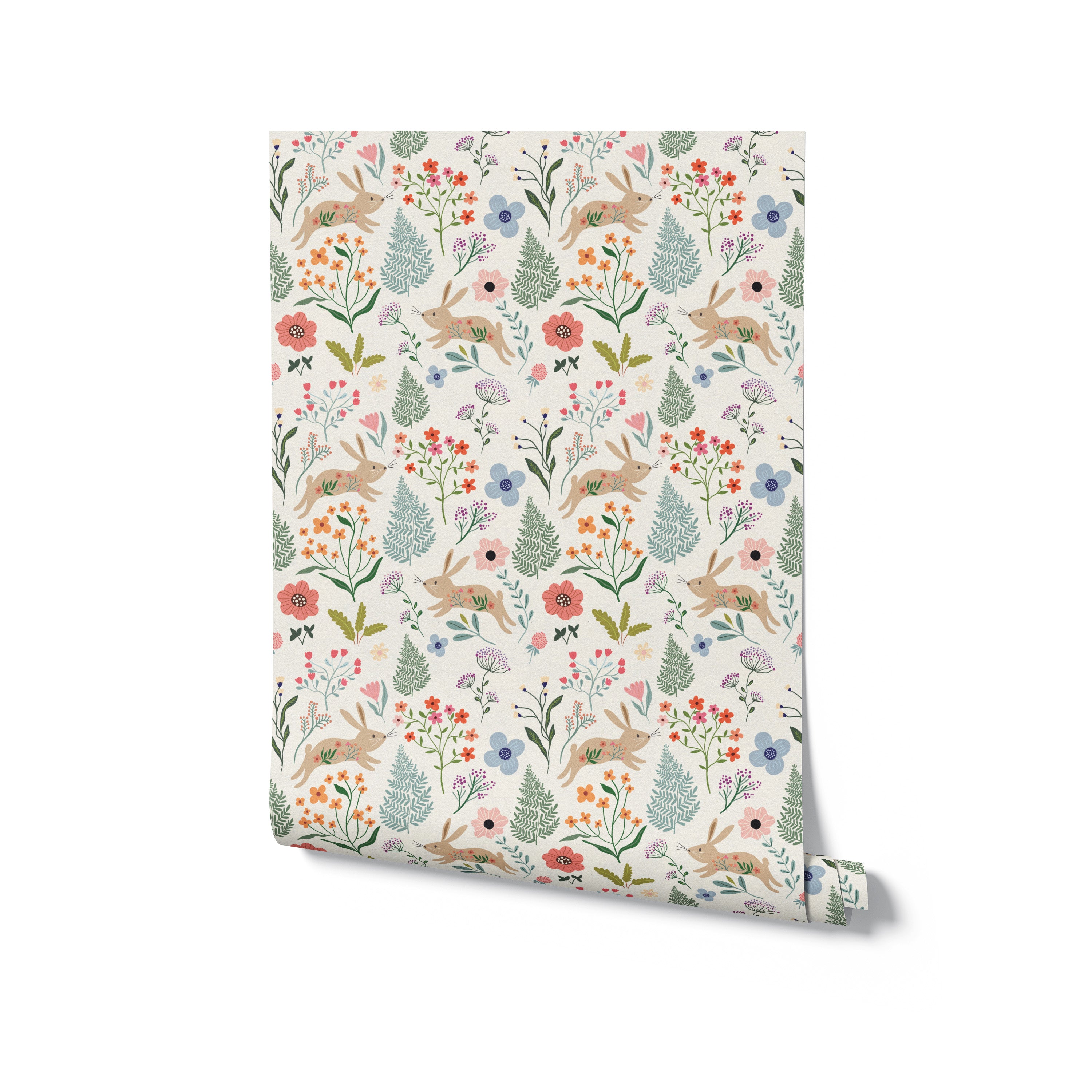 A digital image of a roll of Colourful Spring Bunnies Wallpaper, highlighting the adorable and detailed design of rabbits amid a colorful garden of flowers and plants, ideal for enriching a nursery or playroom with a joyful theme.