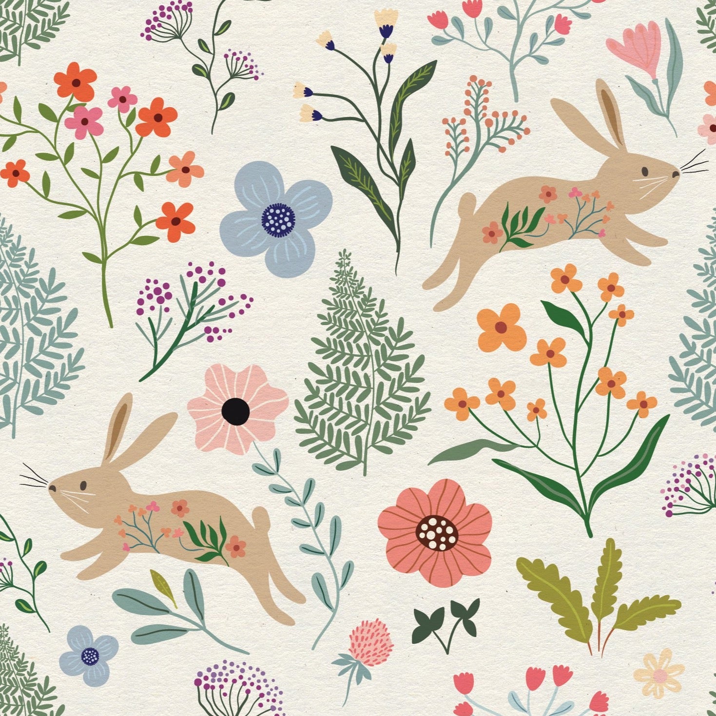 Close-up detail of the Colourful Spring Bunnies Wallpaper showcasing the intricate design with leaping rabbits, blooming flowers, and lush leaves in soft pastel colors, perfect for adding a charming and lively touch to any child's room.
