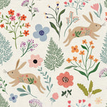 Close-up of Colourful Spring Bunnies Wallpaper, showcasing detailed illustrations of bunnies in mid-leap amidst a colorful array of spring flowers, leaves, and scattered dots, all set on a light beige background, ideal for a nursery or playroom.