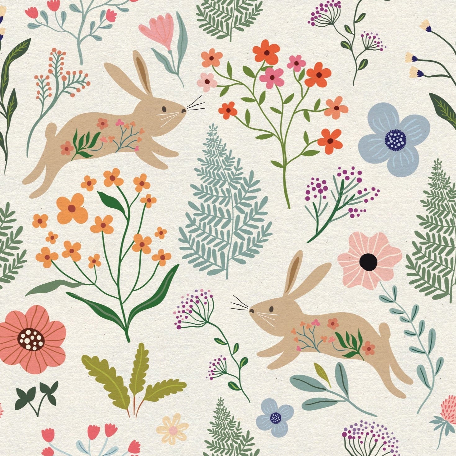 Close-up of Colourful Spring Bunnies Wallpaper, showcasing detailed illustrations of bunnies in mid-leap amidst a colorful array of spring flowers, leaves, and scattered dots, all set on a light beige background, ideal for a nursery or playroom.