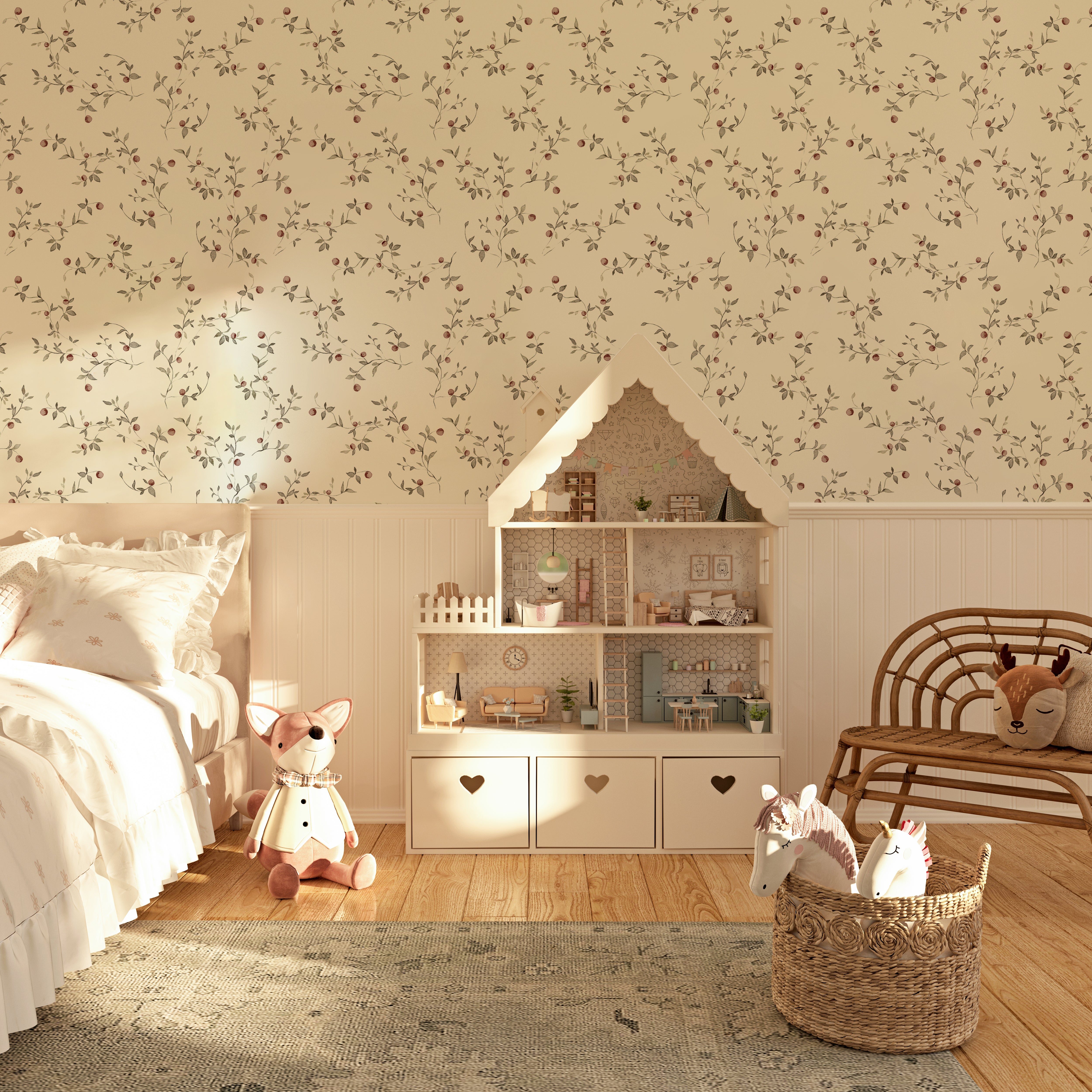 Children's bedroom with Cranberry Branches Wallpaper, displaying a charming dollhouse and a wicker chair. The wallpaper has a delicate pattern of cranberry branches with small berries and leaves, creating a warm and inviting atmosphere