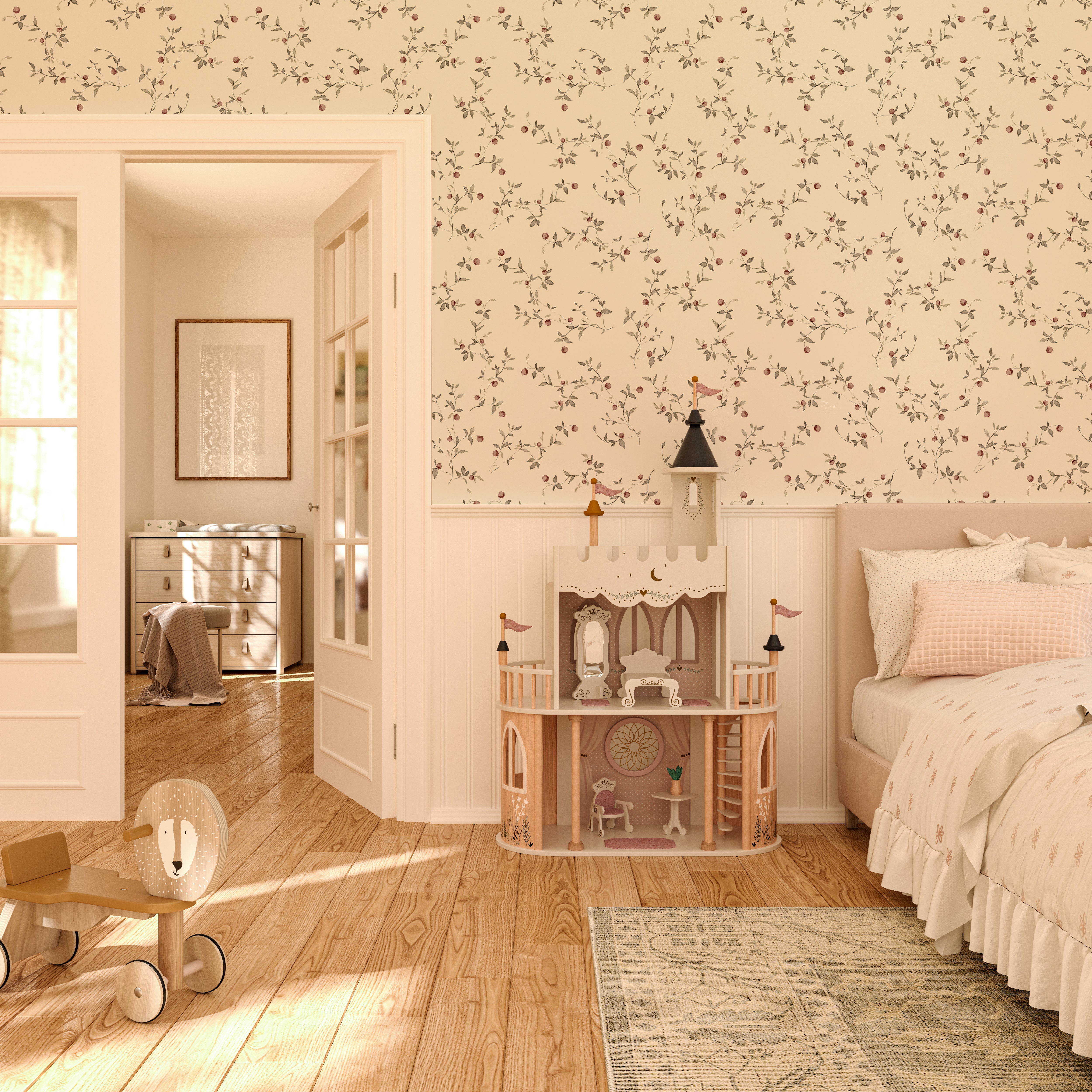 Cranberry Branches Wallpaper adorning a cozy children's bedroom with a dollhouse and wooden toys, featuring a delicate pattern of cranberry branches with small berries and leaves on a light background.