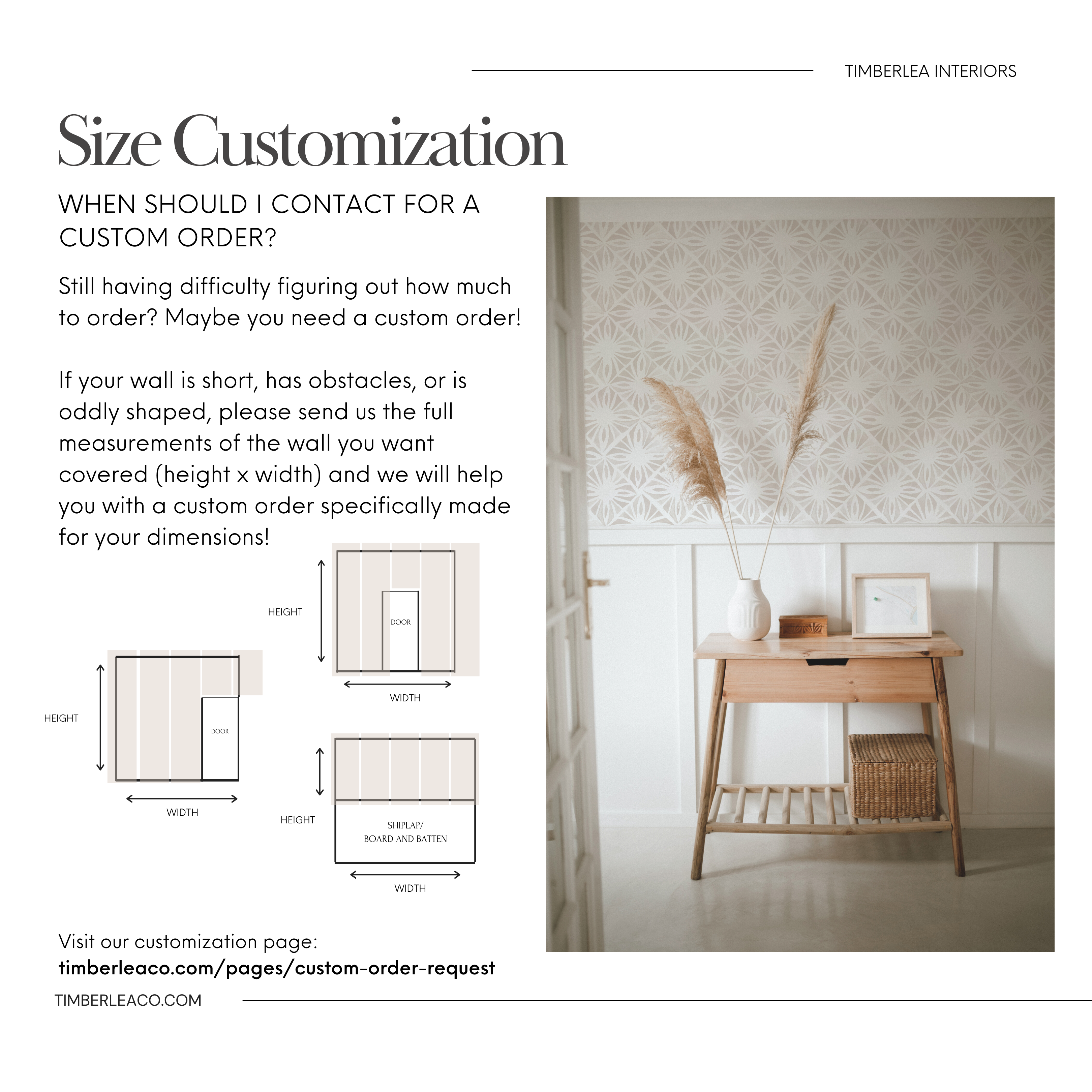 A promotional graphic by Timberlea Interiors titled 'Size Customization' advising on how to order custom-sized wallpaper. It includes an elegantly furnished space with the wallpaper, text explaining the custom order process for walls with unique dimensions, and diagrams illustrating how to measure wall space