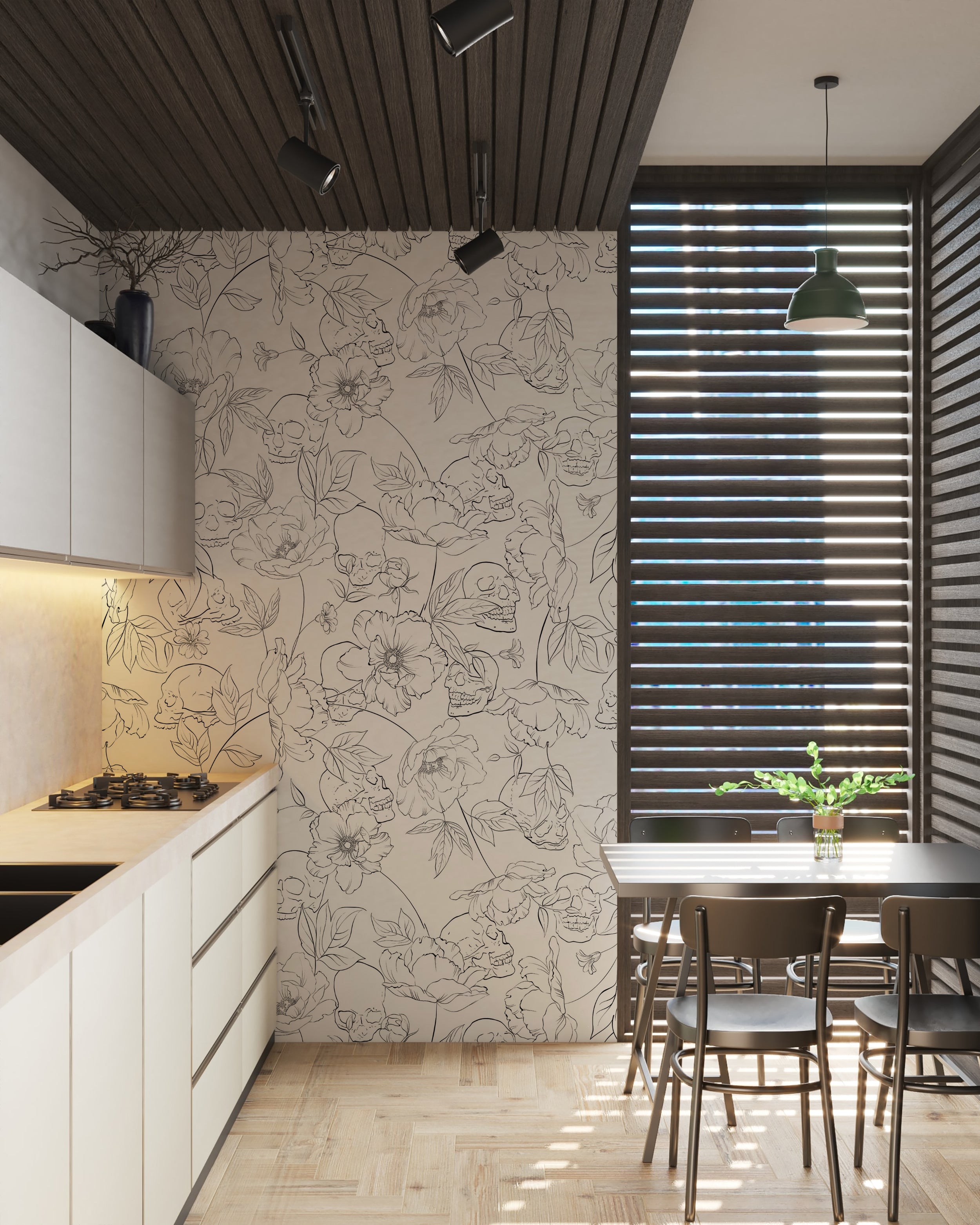 Contemporary kitchen with Dainty Skull Floral Wallpaper featuring a unique pattern of flowers intertwined with skulls in a monochromatic sketch style on a light background, creating a striking contrast with the modern white cabinetry and wooden details.