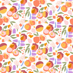 A detailed view of the Funky Fruit Wallpaper featuring a colorful pattern of oranges, peaches, and leaves on a soft violet background. The design includes bold, vibrant colors with a playful and whimsical feel, ideal for adding a cheerful touch to any room.
