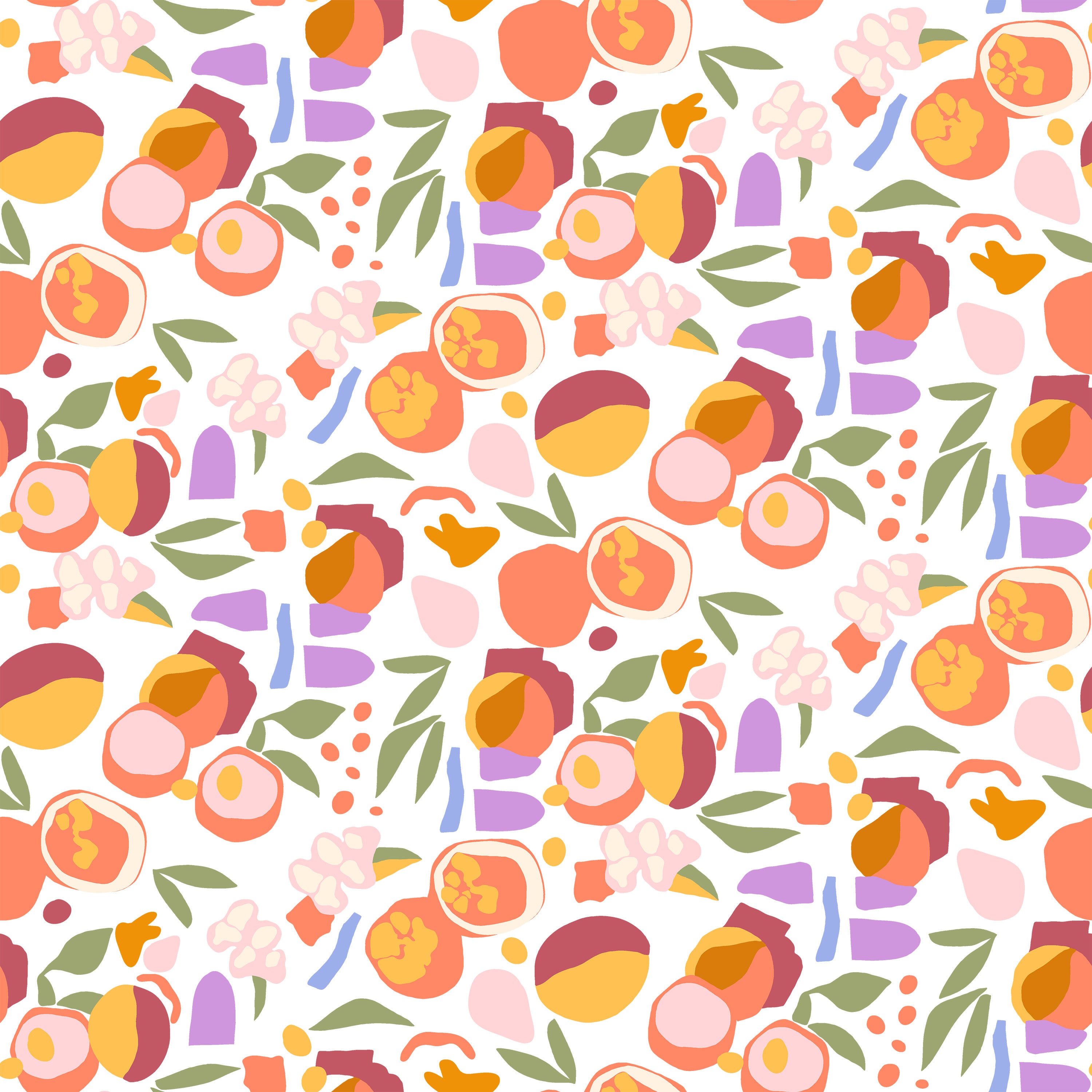 A detailed view of the Funky Fruit Wallpaper featuring a colorful pattern of oranges, peaches, and leaves on a soft violet background. The design includes bold, vibrant colors with a playful and whimsical feel, ideal for adding a cheerful touch to any room.