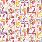 Close-up view of Geometric Jubilee Wallpaper showcasing an abstract pattern of colorful, overlapping geometric shapes in shades of pink, yellow, blue, and orange on a white background.