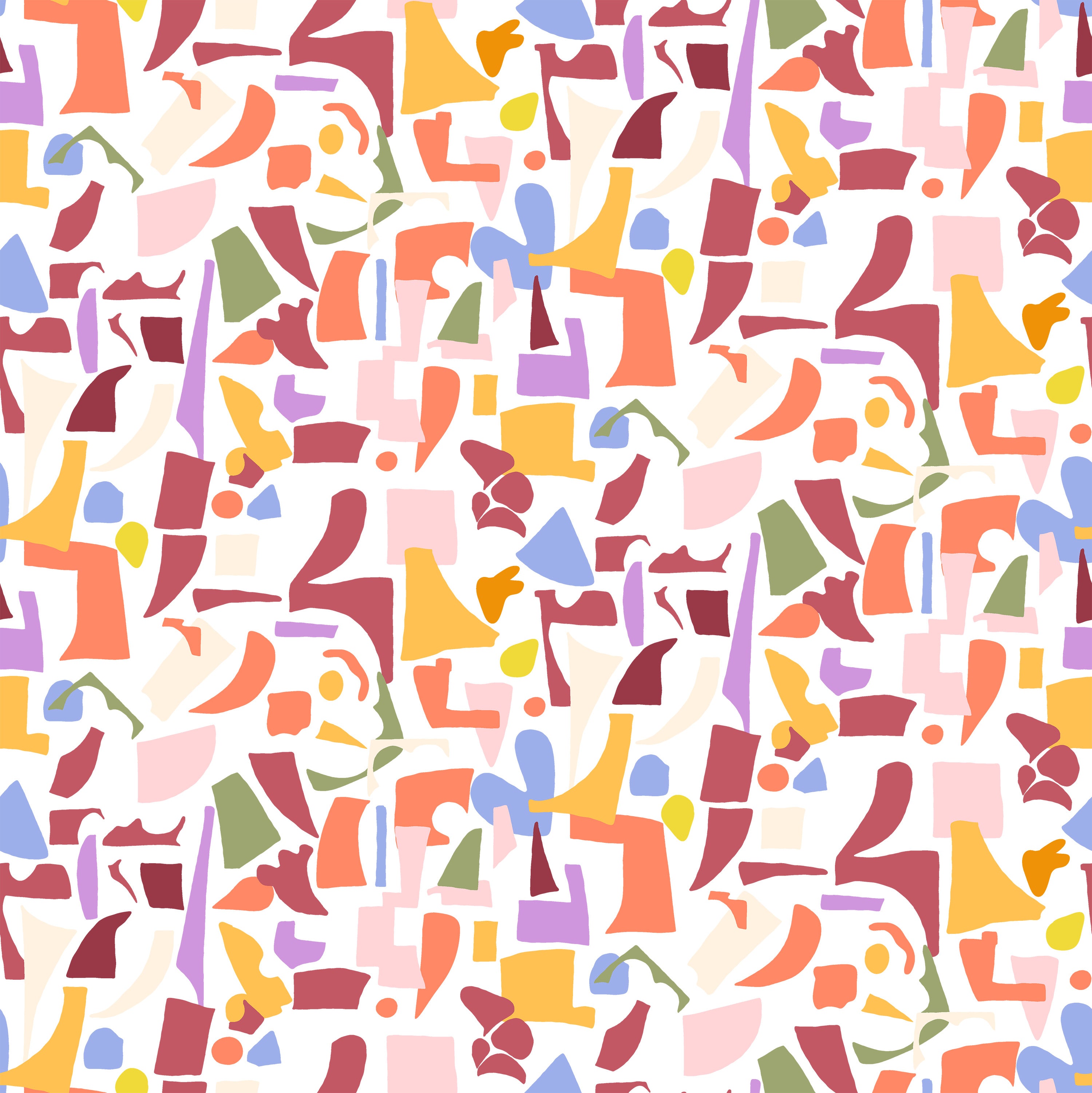 Close-up view of Geometric Jubilee Wallpaper showcasing an abstract pattern of colorful, overlapping geometric shapes in shades of pink, yellow, blue, and orange on a white background.