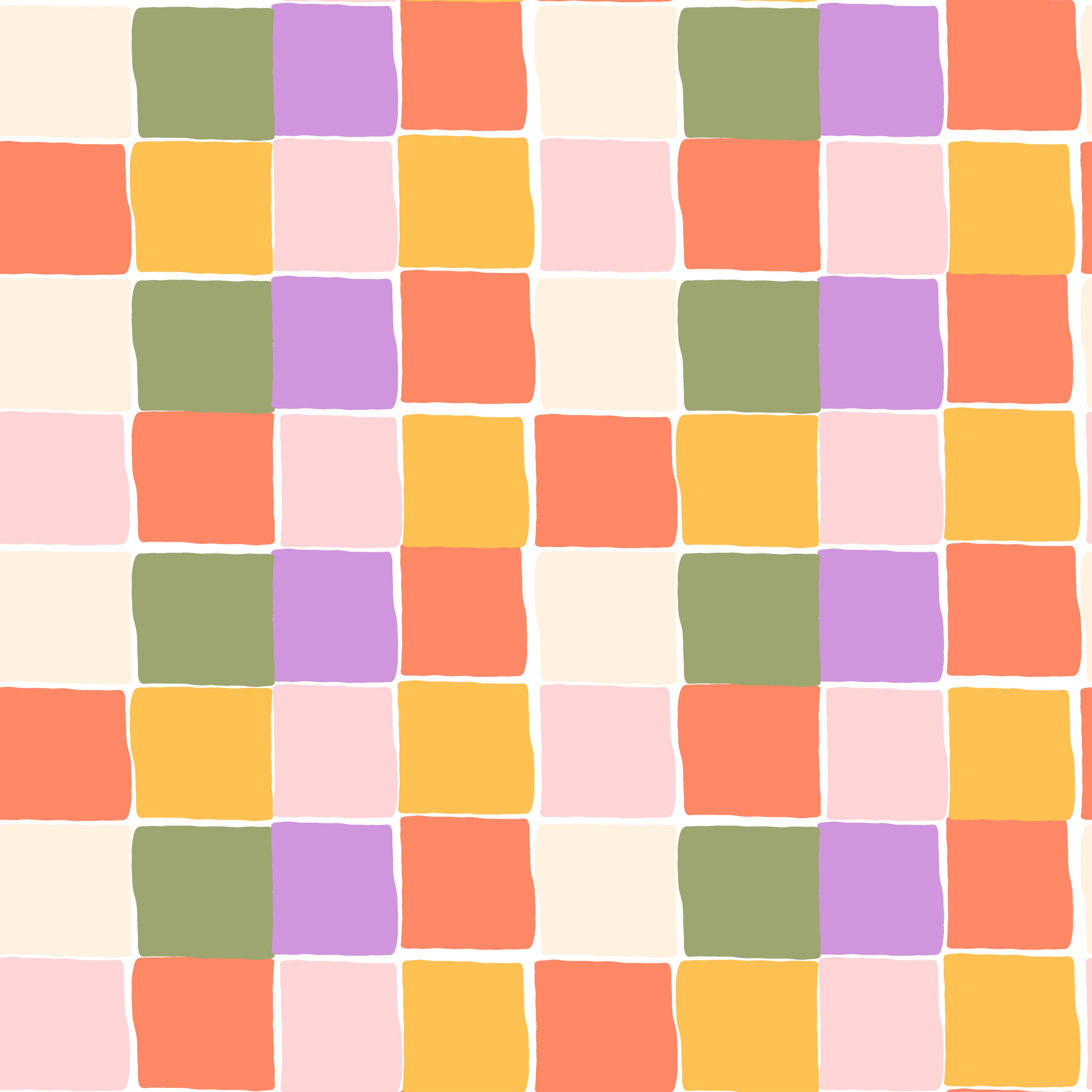 A vibrant, colorful wallpaper featuring a checker pattern with squares in shades of orange, pink, purple, green, and yellow. The colors are soft yet vivid, creating a playful and inviting atmosphere ideal for any room needing a pop of color.