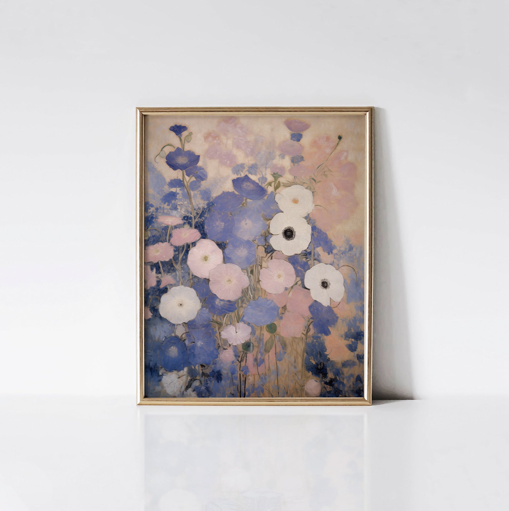 Juliette's Bouquet Floral Art Print displayed in a gold frame against a white wall, highlighting the vibrant colors and intricate details of the floral arrangement.