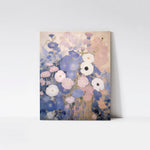 Juliette's Bouquet Floral Art Print mounted on a wood board, emphasizing the rich textures and natural hues of the blue, white, and pink flowers.