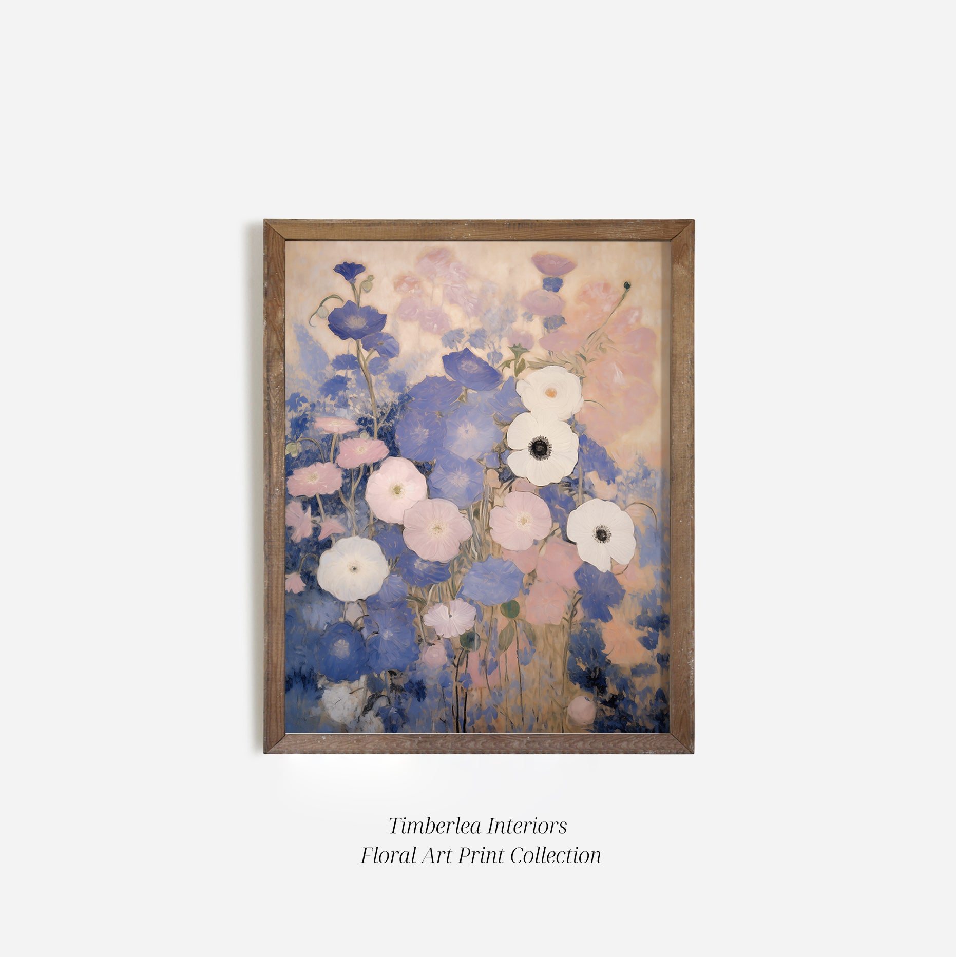 Juliette's Bouquet Floral Art Print elegantly framed in a wooden frame, perfect for adding a touch of nature-inspired beauty to any room with its soft pastel colors and detailed floral design.