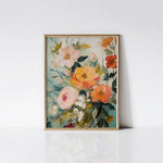 Summer Breeze Art Print displayed in a gold frame against a white wall, highlighting the vivid colors and detailed brush strokes of the floral arrangement.