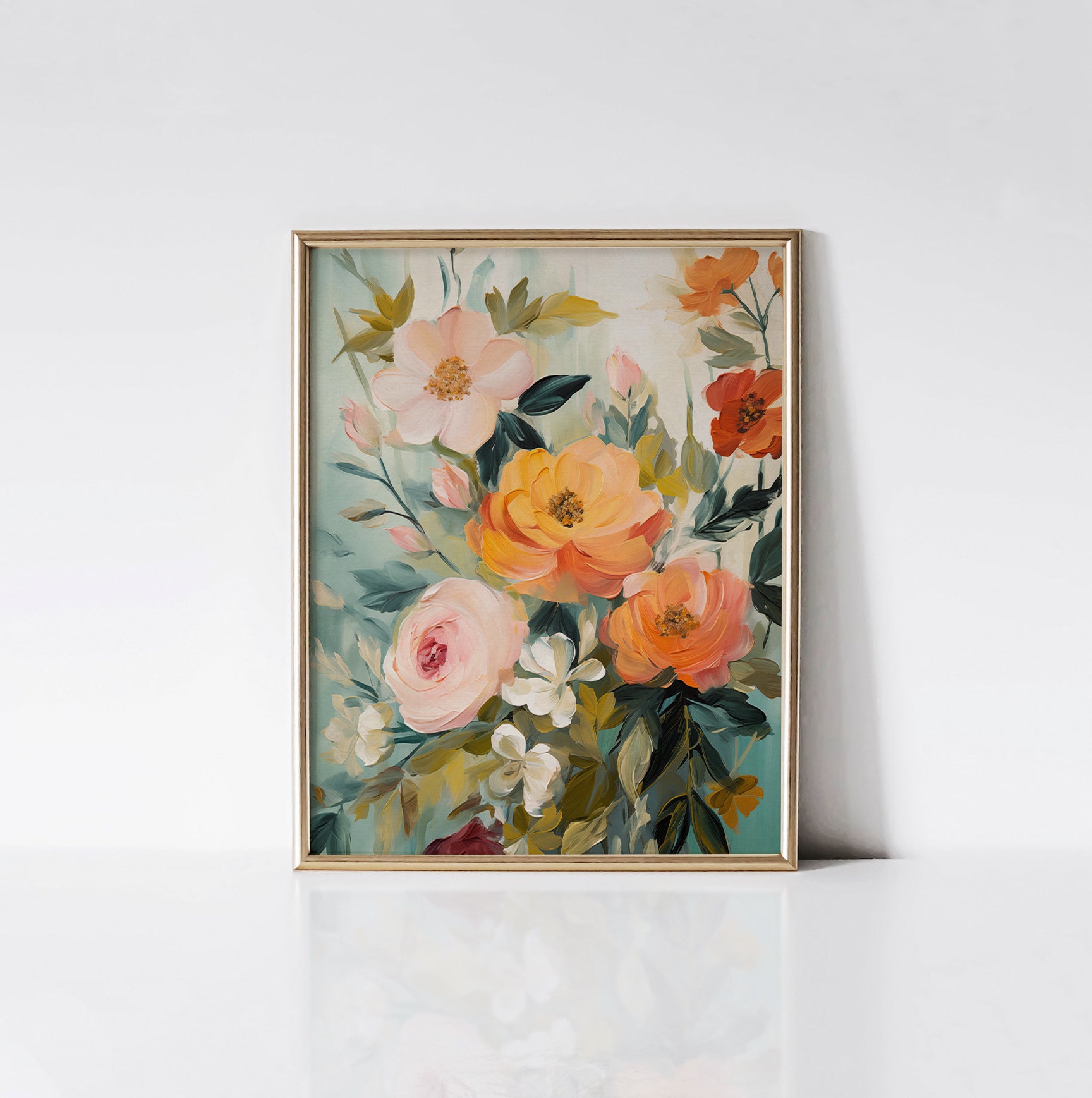 Summer Breeze Art Print displayed in a gold frame against a white wall, highlighting the vivid colors and detailed brush strokes of the floral arrangement.