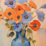 Close-up view of Blue Vase Blooms Art Print, featuring a vibrant arrangement of orange and blue flowers in a blue vase against a soft, pastel background