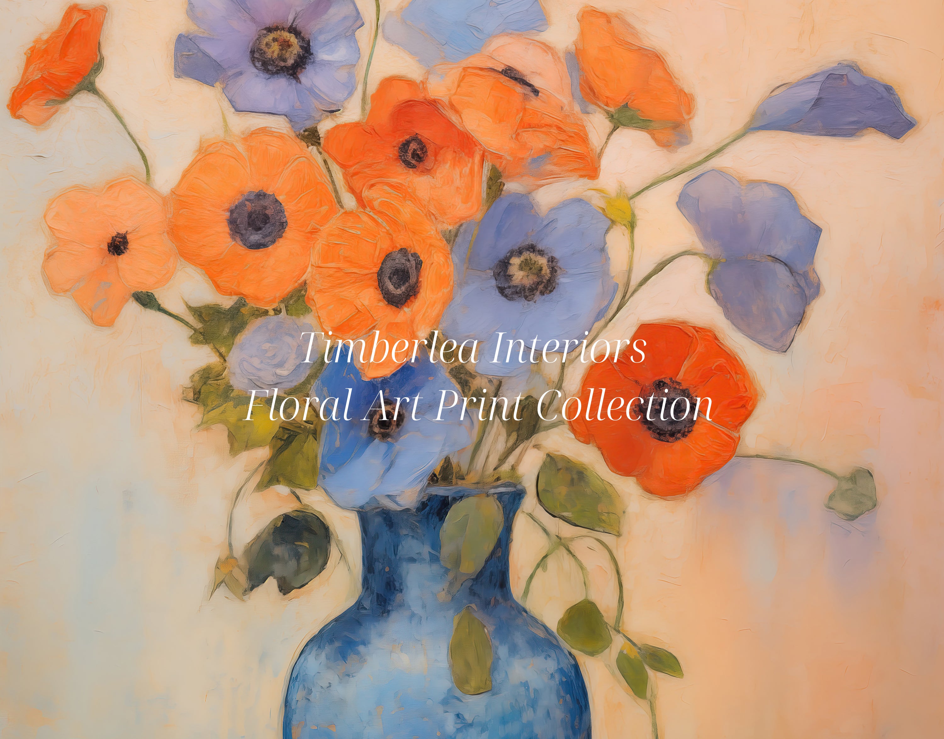 Close-up view of Blue Vase Blooms Art Print, featuring a vibrant arrangement of orange and blue flowers in a blue vase against a soft, pastel background