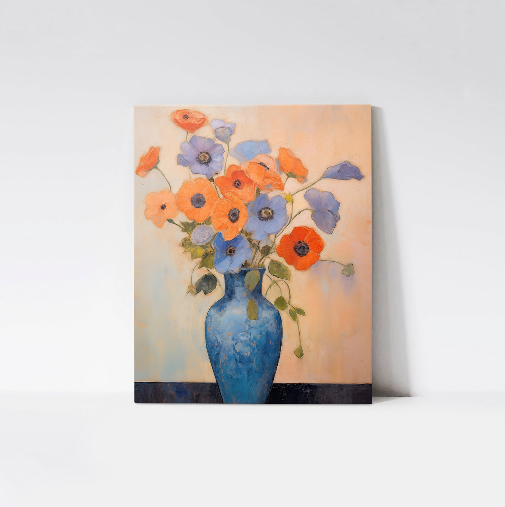 Blue Vase Blooms Art Print mounted on a wood board, emphasizing the rich textures and bright hues of the orange and blue flowers.