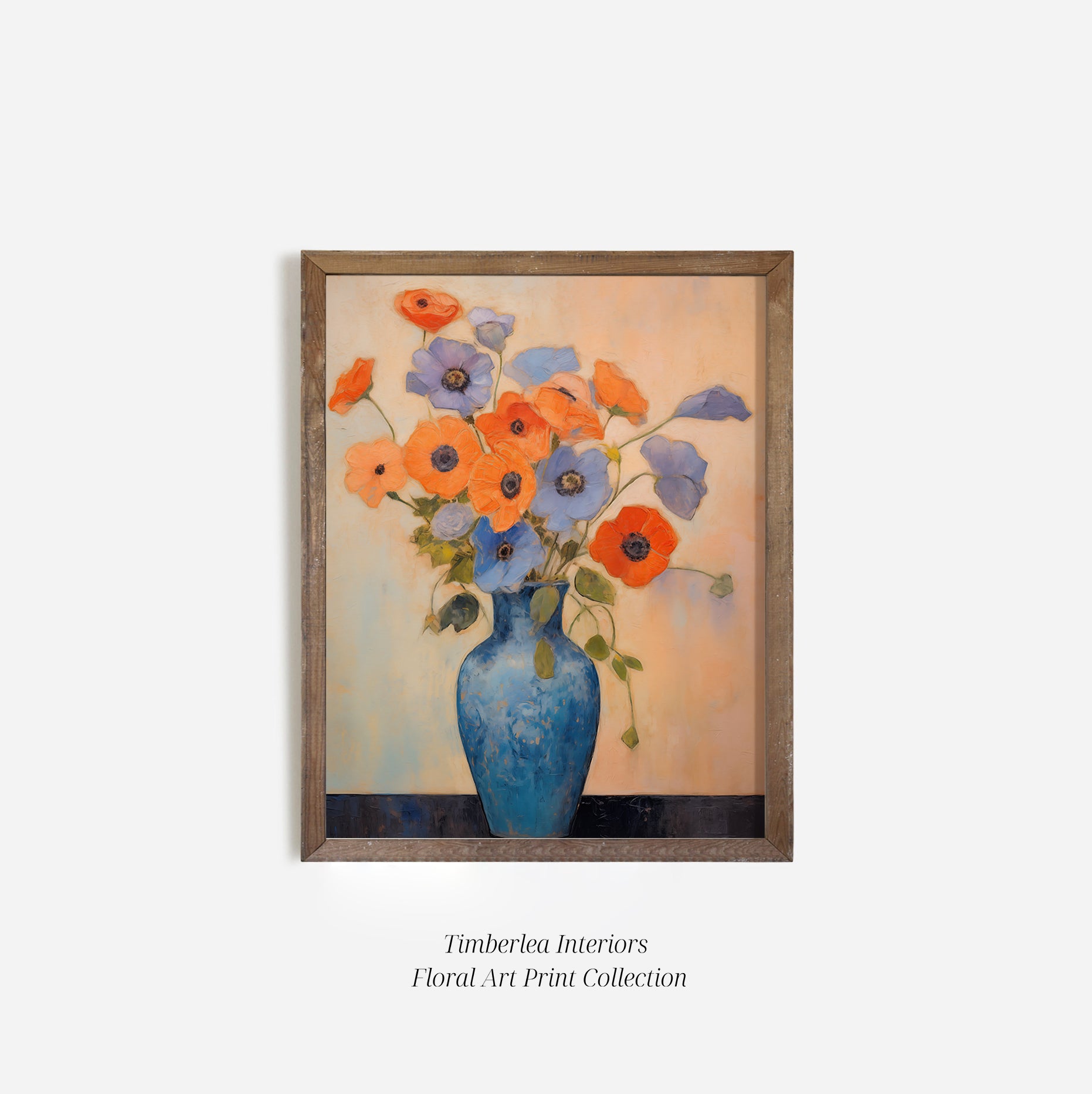 Blue Vase Blooms Art Print elegantly framed in a wooden frame, perfect for adding a touch of nature's vibrant beauty to any room with its colorful floral design.